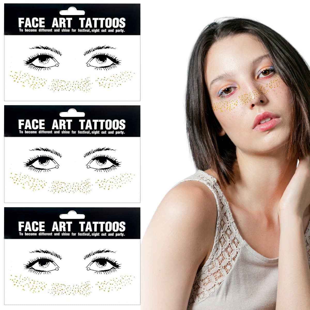 MAYCREATE® 3 Sheets Face Tattoo Stickers Metallic Golden Freckles Tattoo Stickers Creative Golden Freckles Tattoo Stickers Face Art Stickers