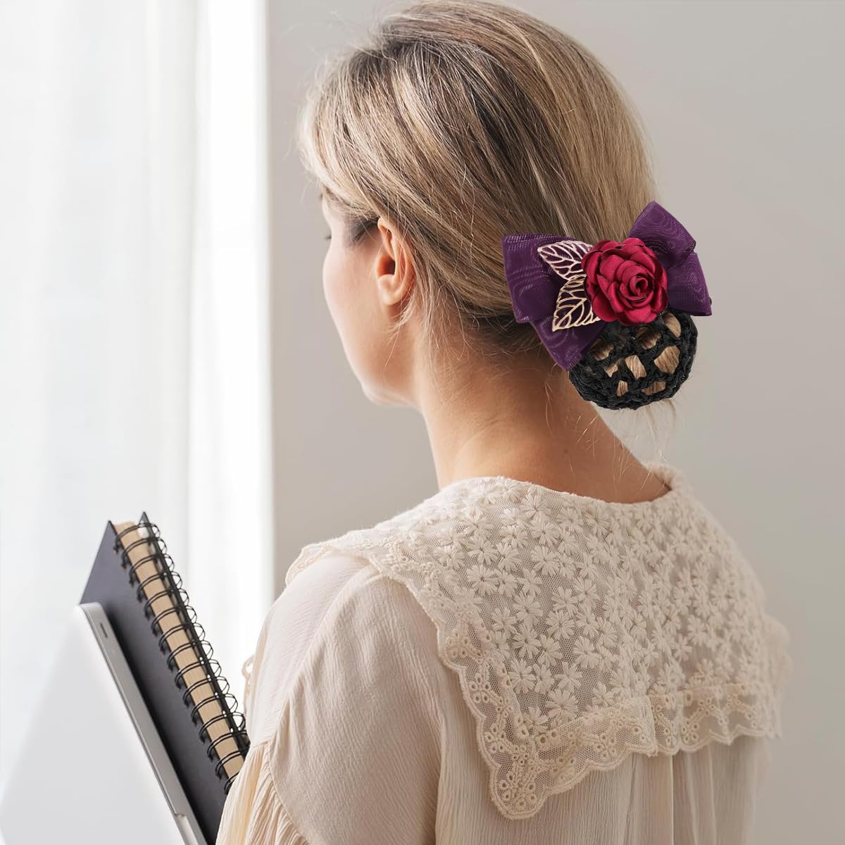 MAYCREATE Hair Bun Net for Women with Clip and Floral Rose Bowknot | 3 PCS Elegant Snood