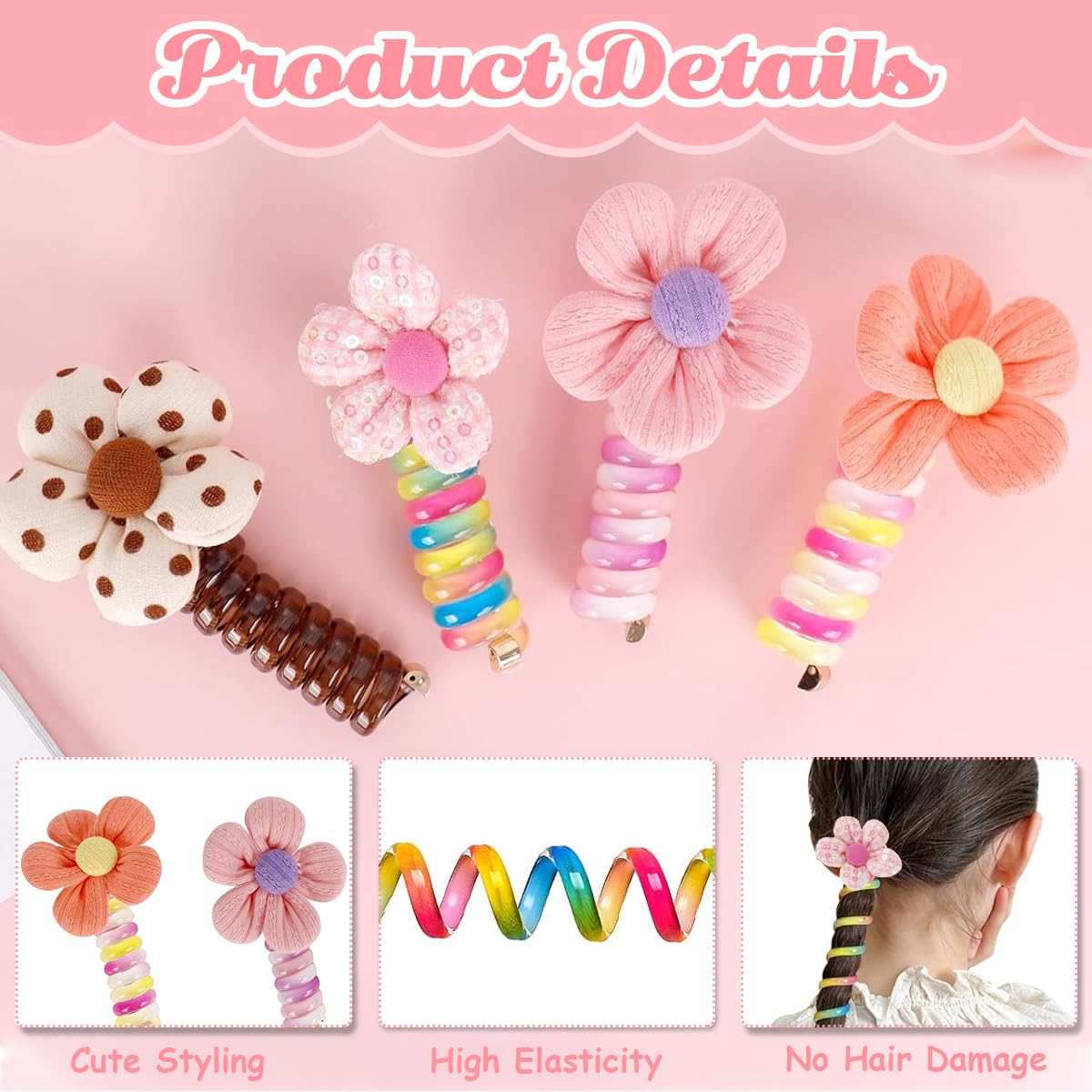 MAYCREATE® 4pcs Spiral Hair Ties for Girls Kids Cute Flower Braids Telephone Wire Hair Band for Kids Elastic Hair Tie Ponytail Holder Maker Hair Accessories for Girls Children Gift