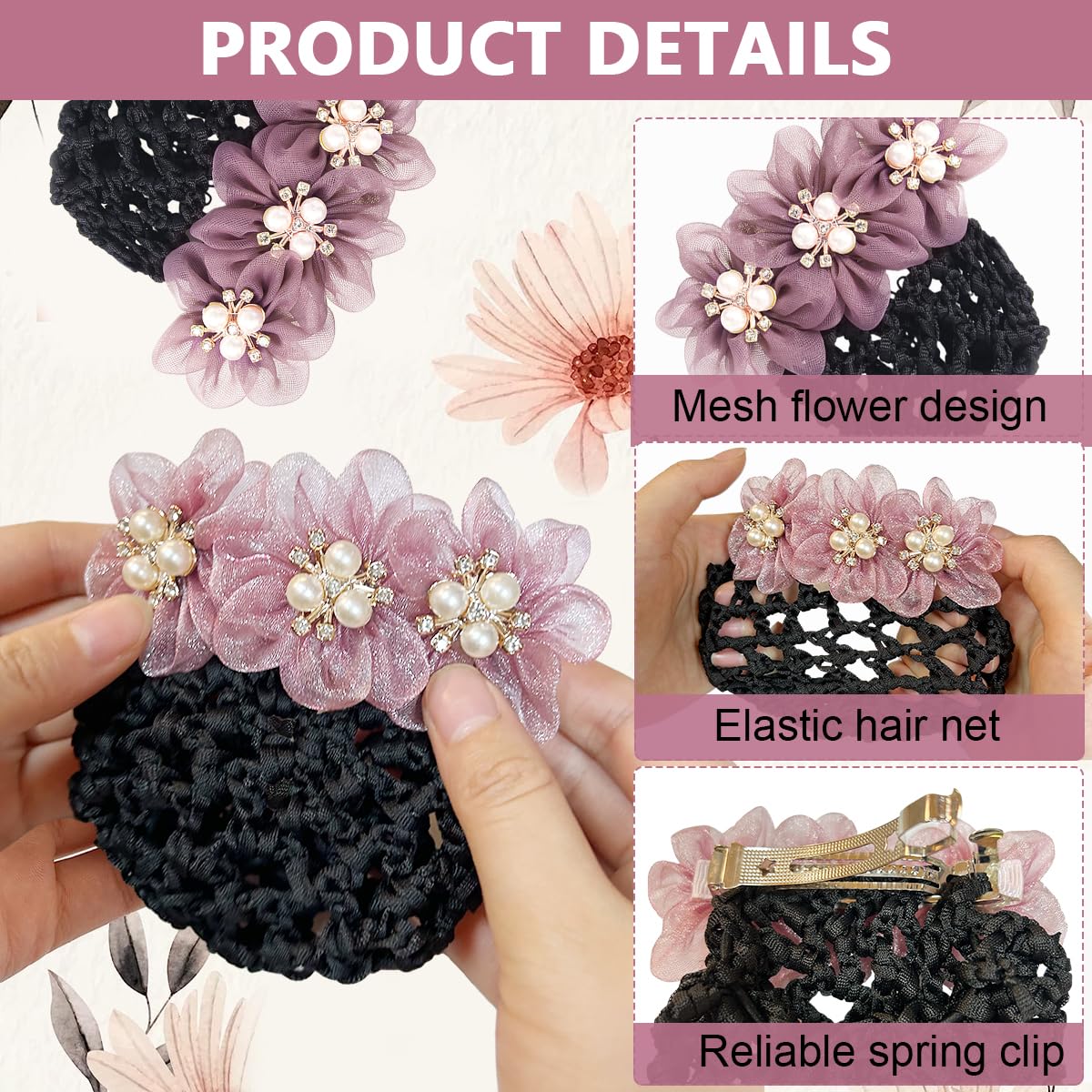 MAYCREATE Hair Bun Accessories for Women with Alloy Spring Clip and Floral Mesh Net 2 PCS