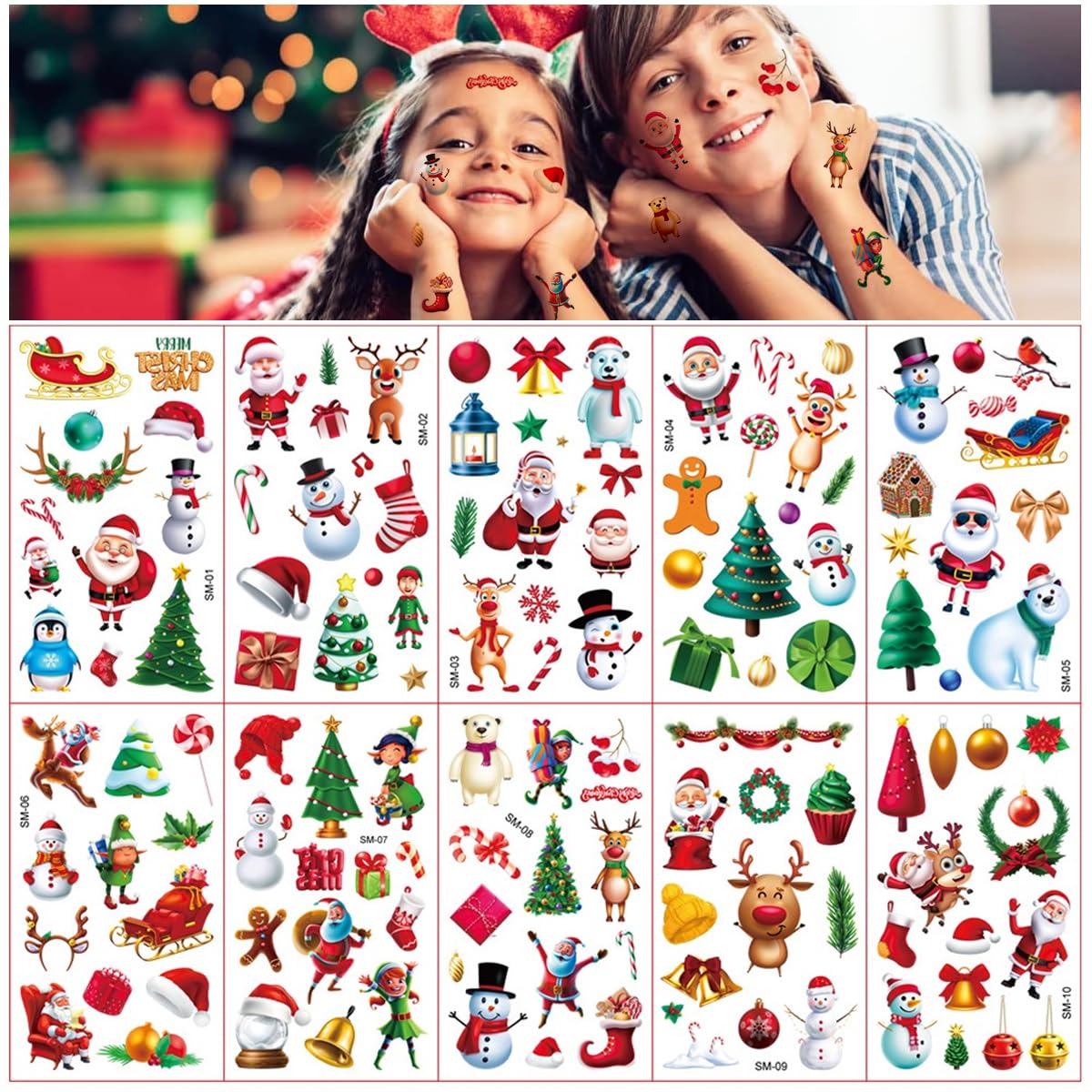 MAYCREATE Christmas Tattoo Sticker for Party Makeup with 10 Sheets Safe Waterproof Design
