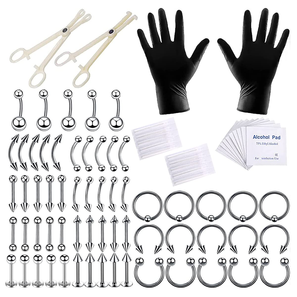 MAYCREATE® 84pcs Body Septum Piercing Kit Belly Piercing Kit Professional Stainless Steel for All Piercings Nose Tongue Lip Ear Eyebrow Cartilage Piercing Jewelry Piercing Needles Clamps Kits