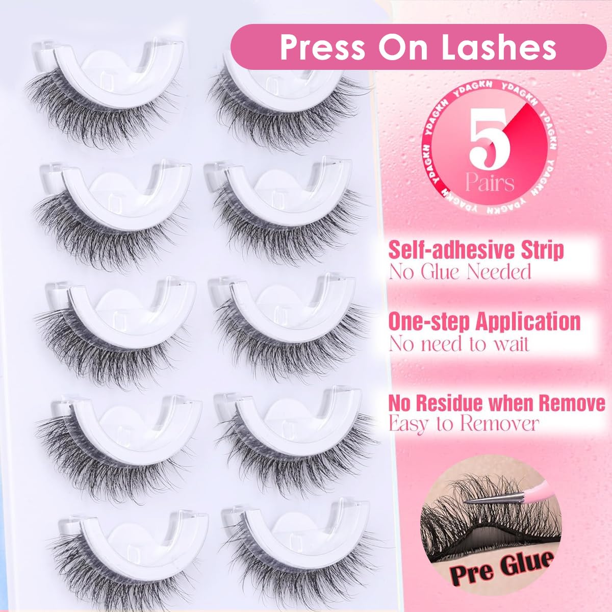 MAYCREATE Self Adhesive False Eyelashes for Daily Wear featuring Pre Glued Strip and Clear Band | 5 Pair Fiber Lashes for Beginners