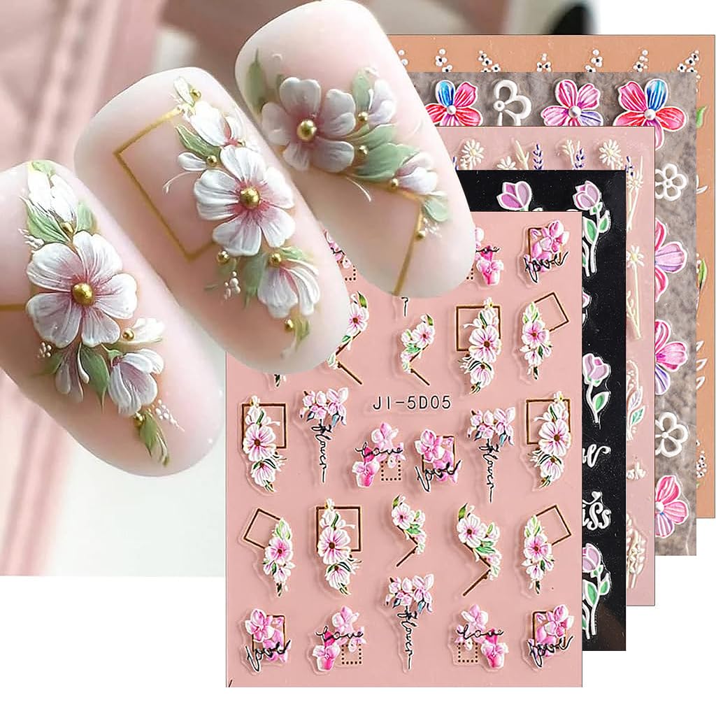 MAYCREATE Nail Art Stickers for DIY Nails featuring 5 Sheets 3D Embossed Flower Designs
