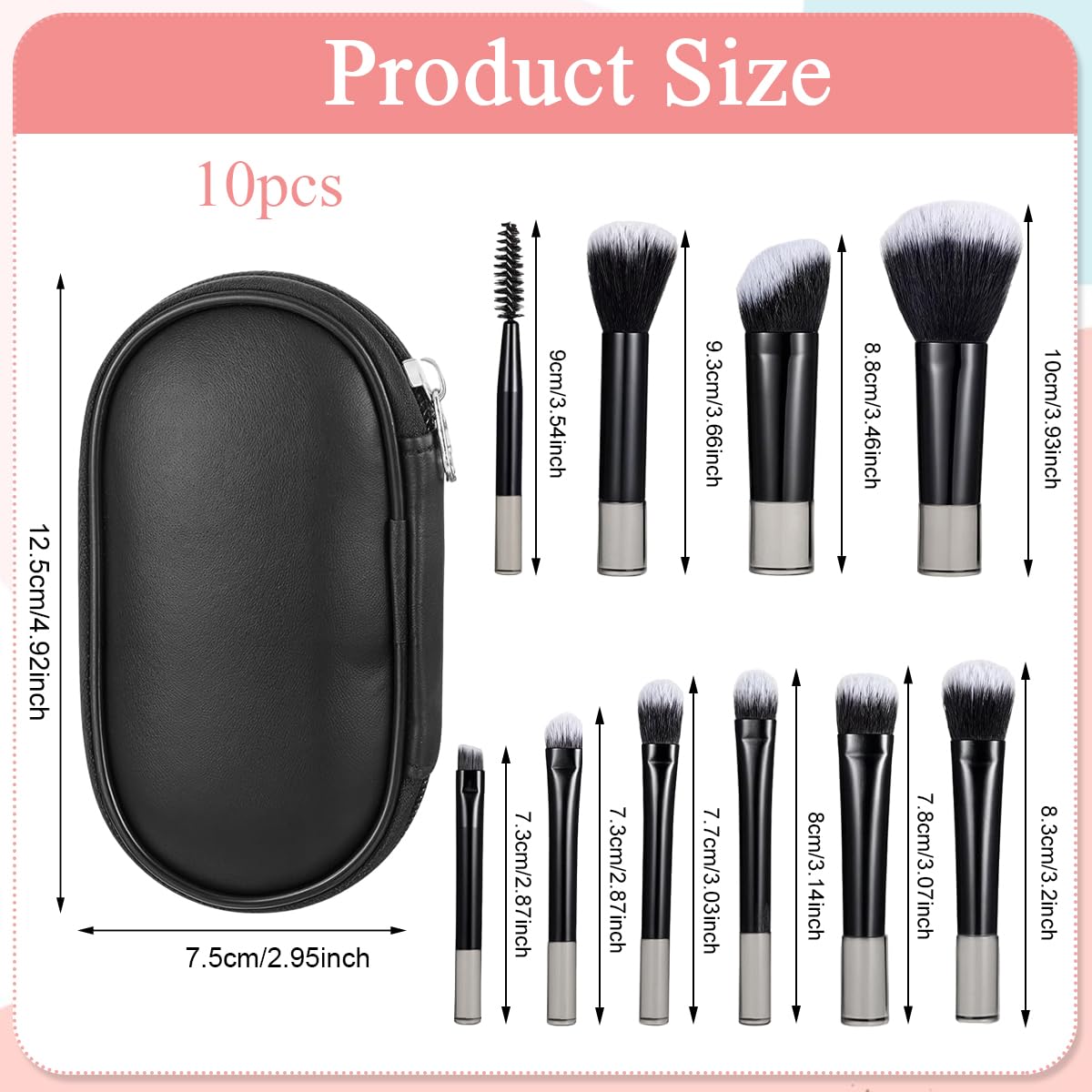 MAYCREATE Makeup Brush Set for Travel with 10Pcs Short-Handle Brushes & Zipper Pouch