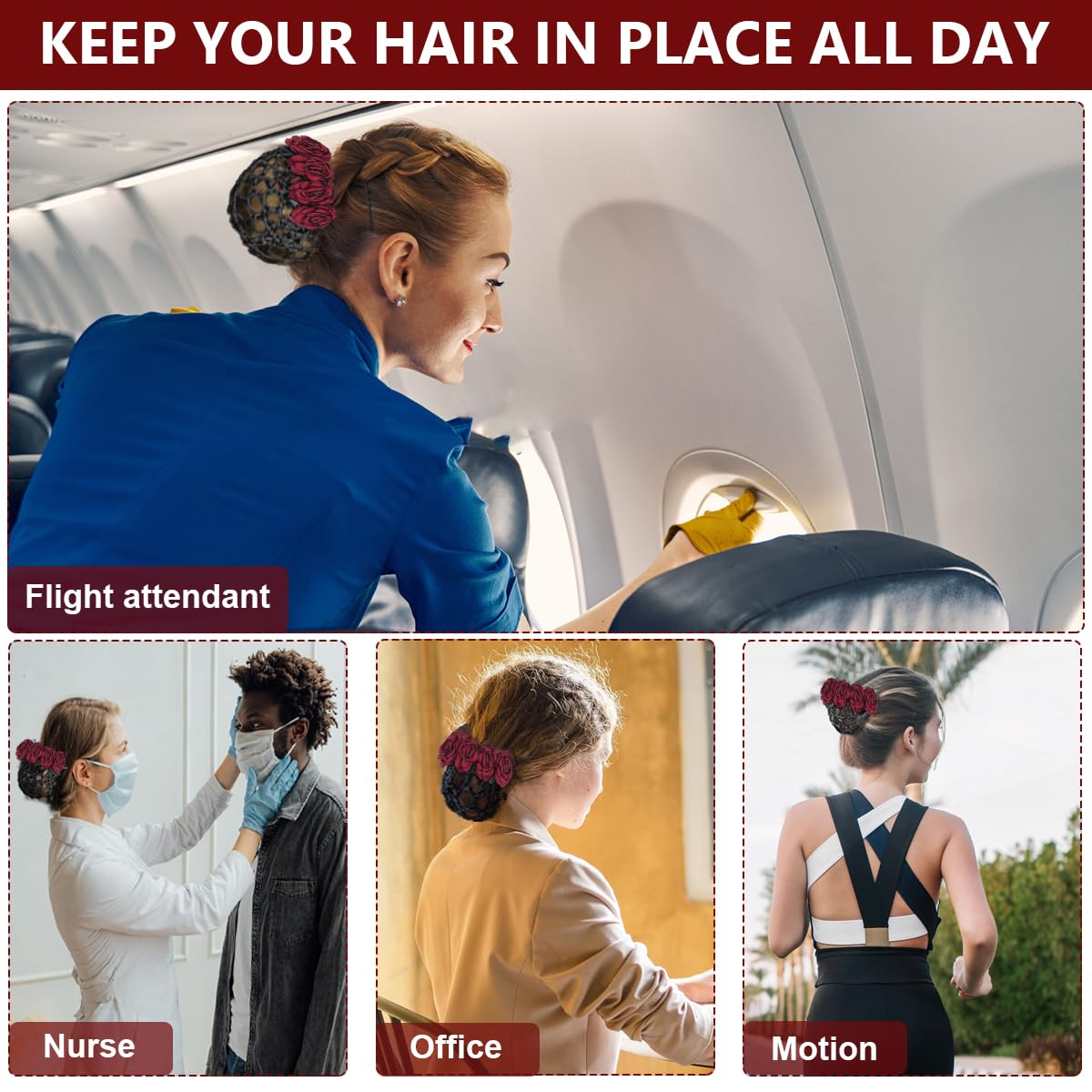 MAYCREATE Women Hair Clip for Work and Daily Use with Rose Flower Bun Net | Red Hair Accessory