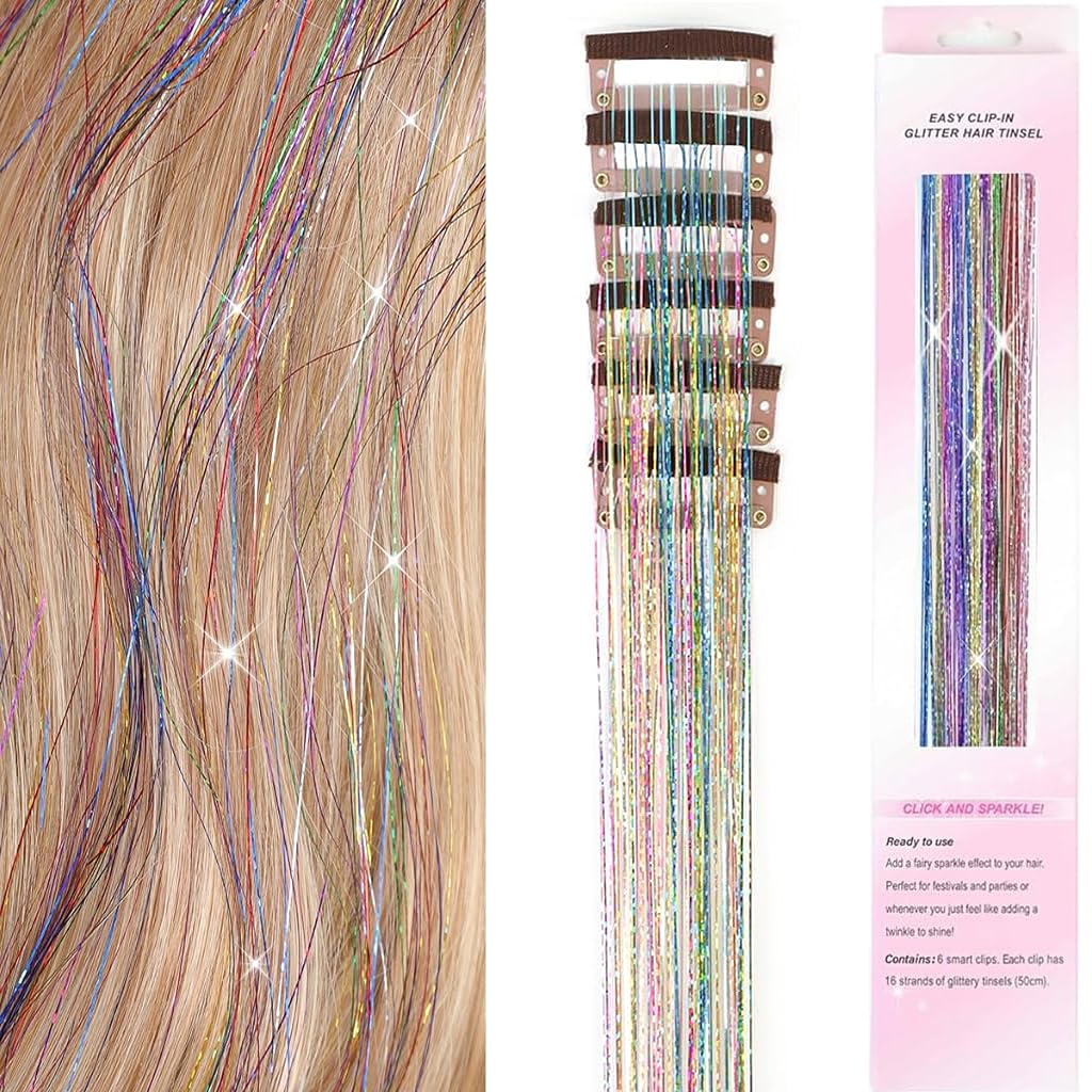 MAYCREATE 6pcs Hair Tinsel Hair Extensions for Women Girls, Glitter 20'' Clip-in Fairy Hair Tinsels Highlight Sparkling Tinsel Clips for Party, Festival (Colorful)