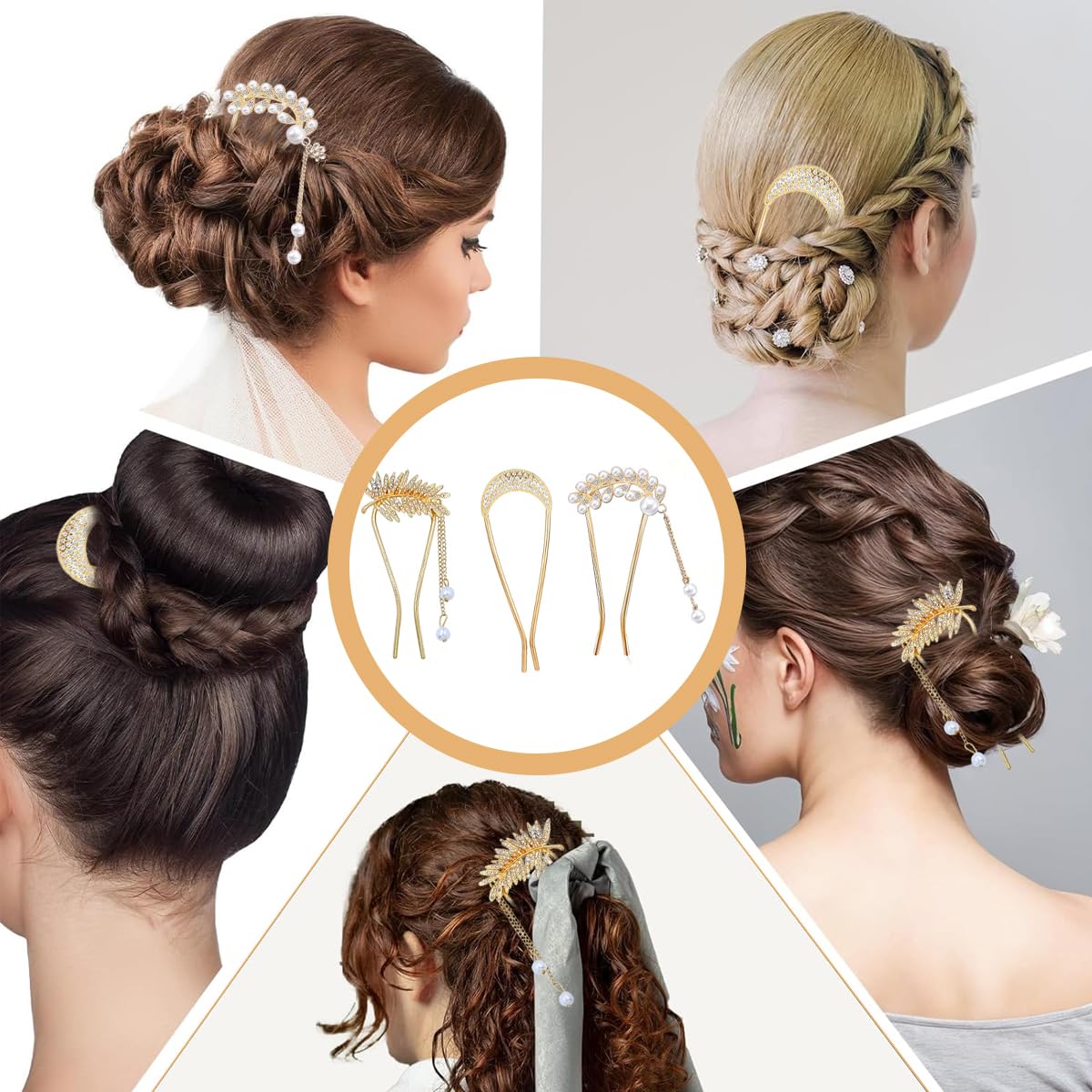 MAYCREATE Hair Bun Maker U Pins Set of 3 with Rhinestone Tassels for Women | Elegant Metal Hair Accessories Gift