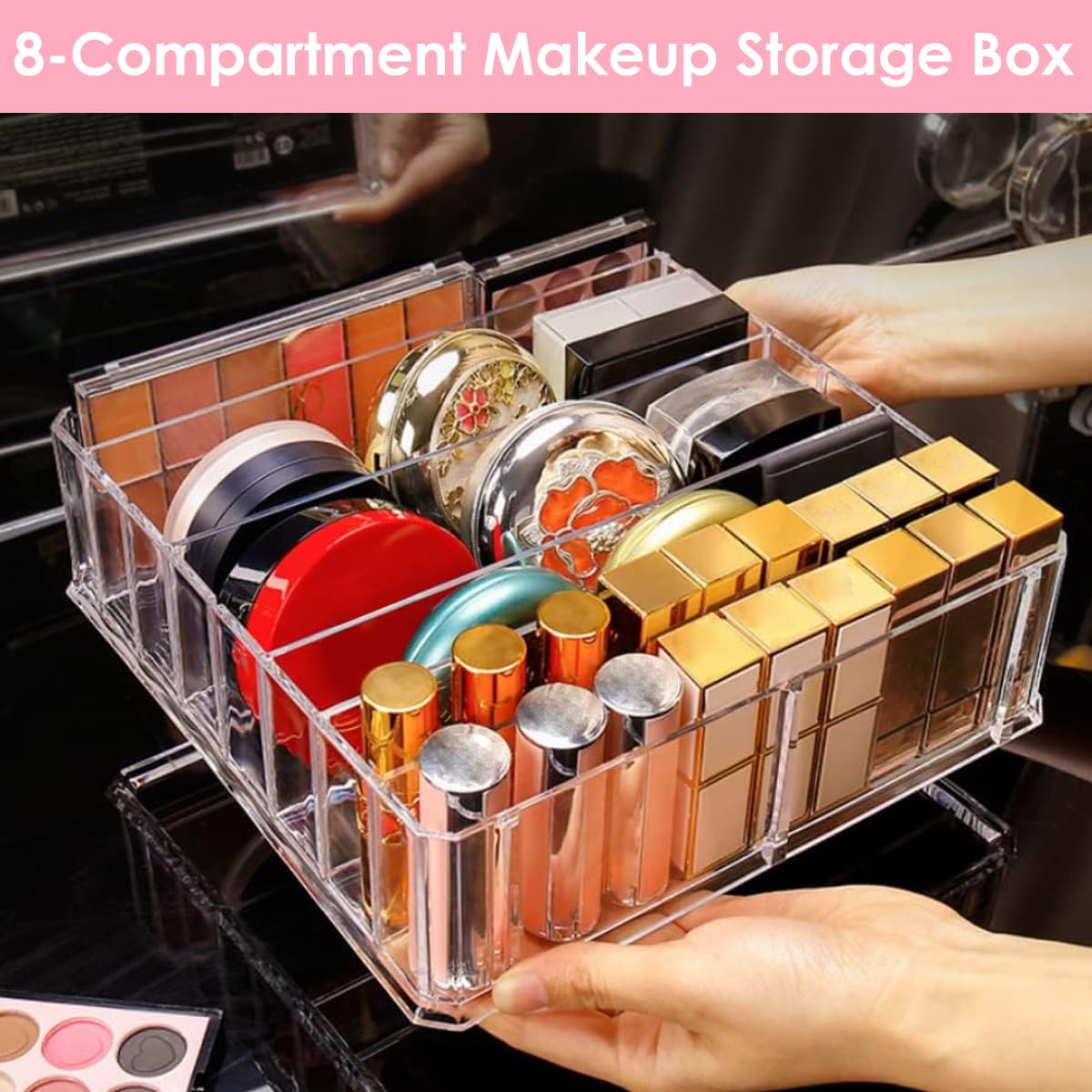 MAYCREATE Makeup Organizer for Vanity with 8 Section Dividers and Clear Acrylic Design | 23.5 x 24.5 x 7 cm Countertop Storage