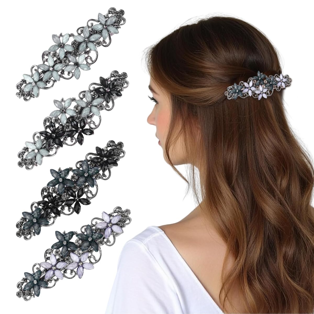 MAYCREATE Hair Clips for Women featuring Floral Rhinestone Design 3.1 in Set of 4 | Metal Barrettes
