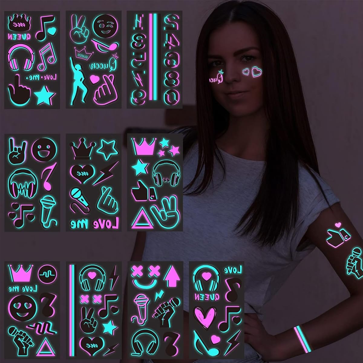 MAYCREATE Temporary Tattoo Sticker for Festival and Party with Dual Color Glow | 10 Sheets