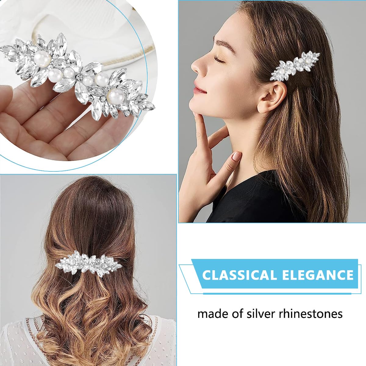MAYCREATE Rhinestone Hair Clips for Wedding and Party with Crystal Pearls | 2Pcs Silver Barrettes