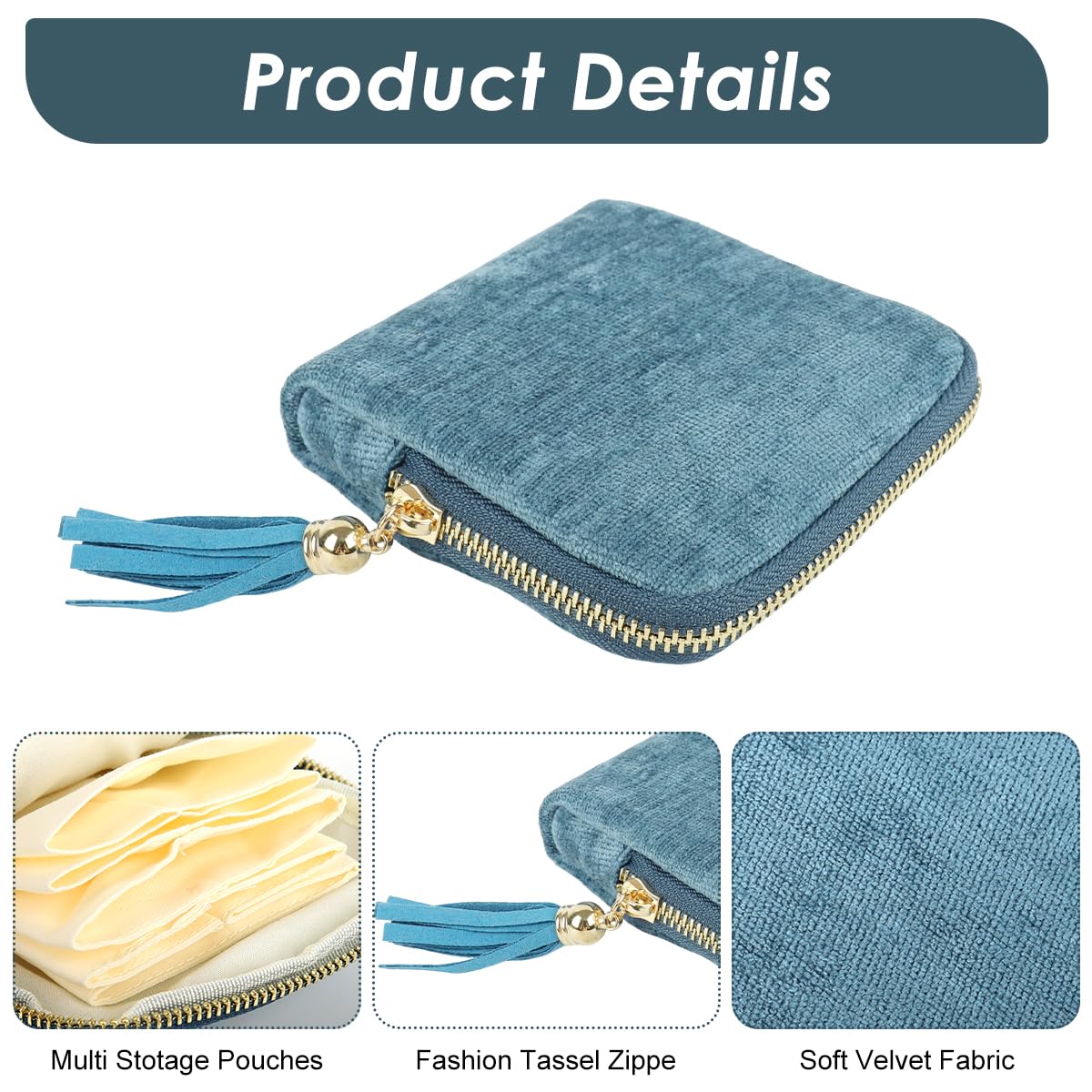 MAYCREATE Jewelry Storage Pouch for Rings Earrings and Necklaces 13x11.5cm with Tassel Zipper | Soft Blue Organizer for Travel