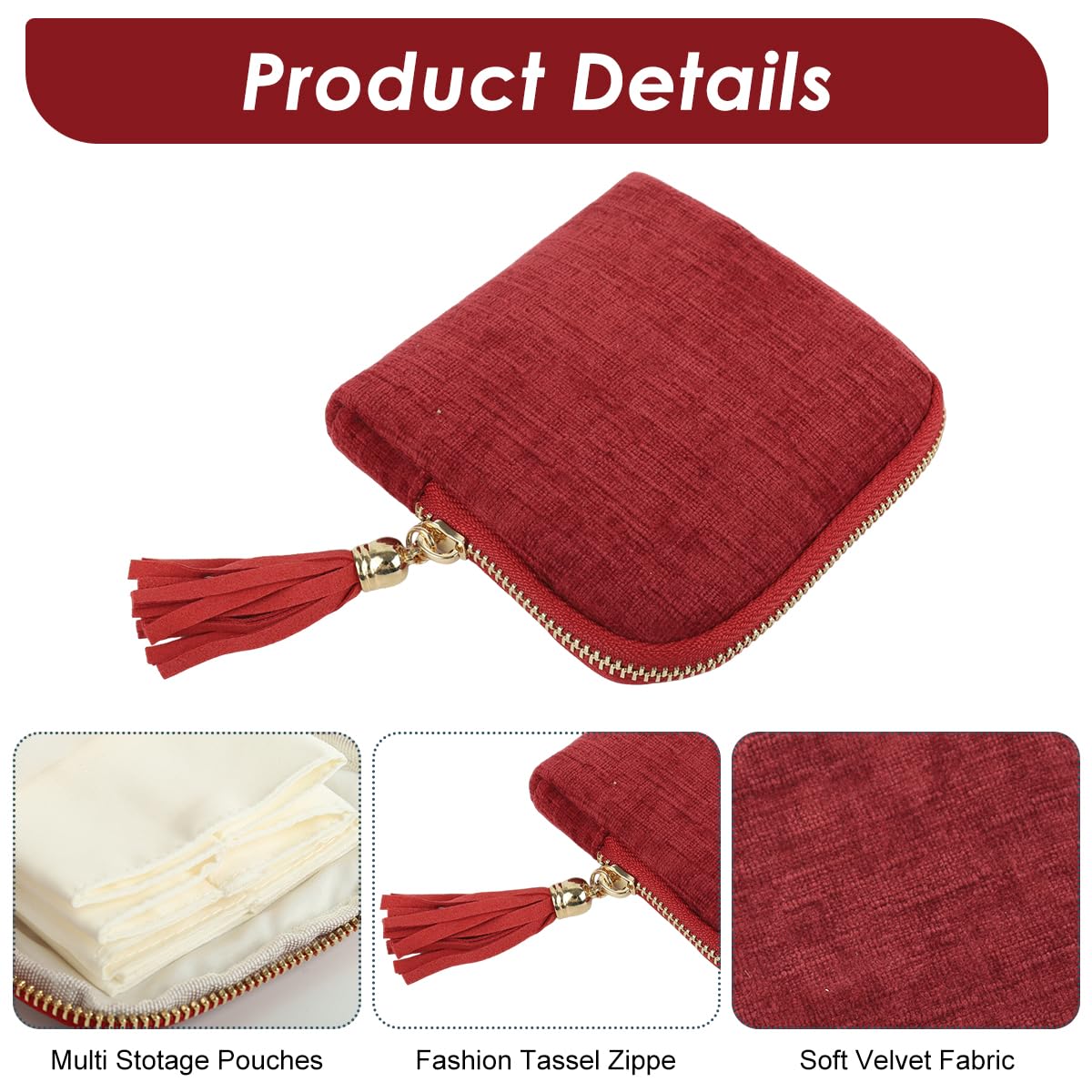 MAYCREATE Jewelry Storage Pouch for Travel with Tassel Zipper 13x11.5cm | Red Organizer