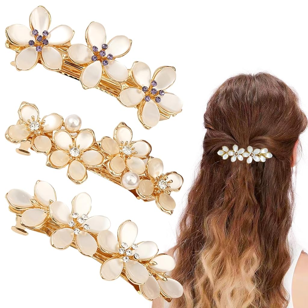 MAYCREATE® 3 PCS Flower Hair Clips for Women Vintage Rhinestone Opal Hair Barrettes Flower Hairpin French Crystal Flower Hairpin Hair Accessories