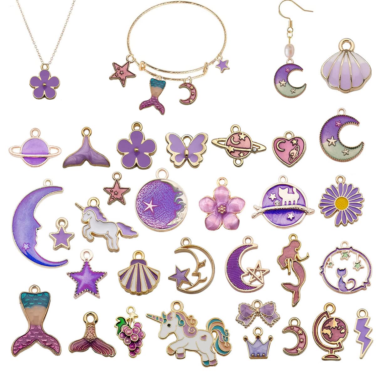 MAYCREATE® 31Pcs Gold Plated Enamel Pendants Set Necklace Bracelet Charms for DIY Jewelry Making Charms and Crafting, Unicorn Moon Star Flower Fish Shell Pendant Kit (Purple)