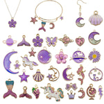 MAYCREATE® 31Pcs Gold Plated Enamel Pendants Set Necklace Bracelet Charms for DIY Jewelry Making Charms and Crafting, Unicorn Moon Star Flower Fish Shell Pendant Kit (Purple)