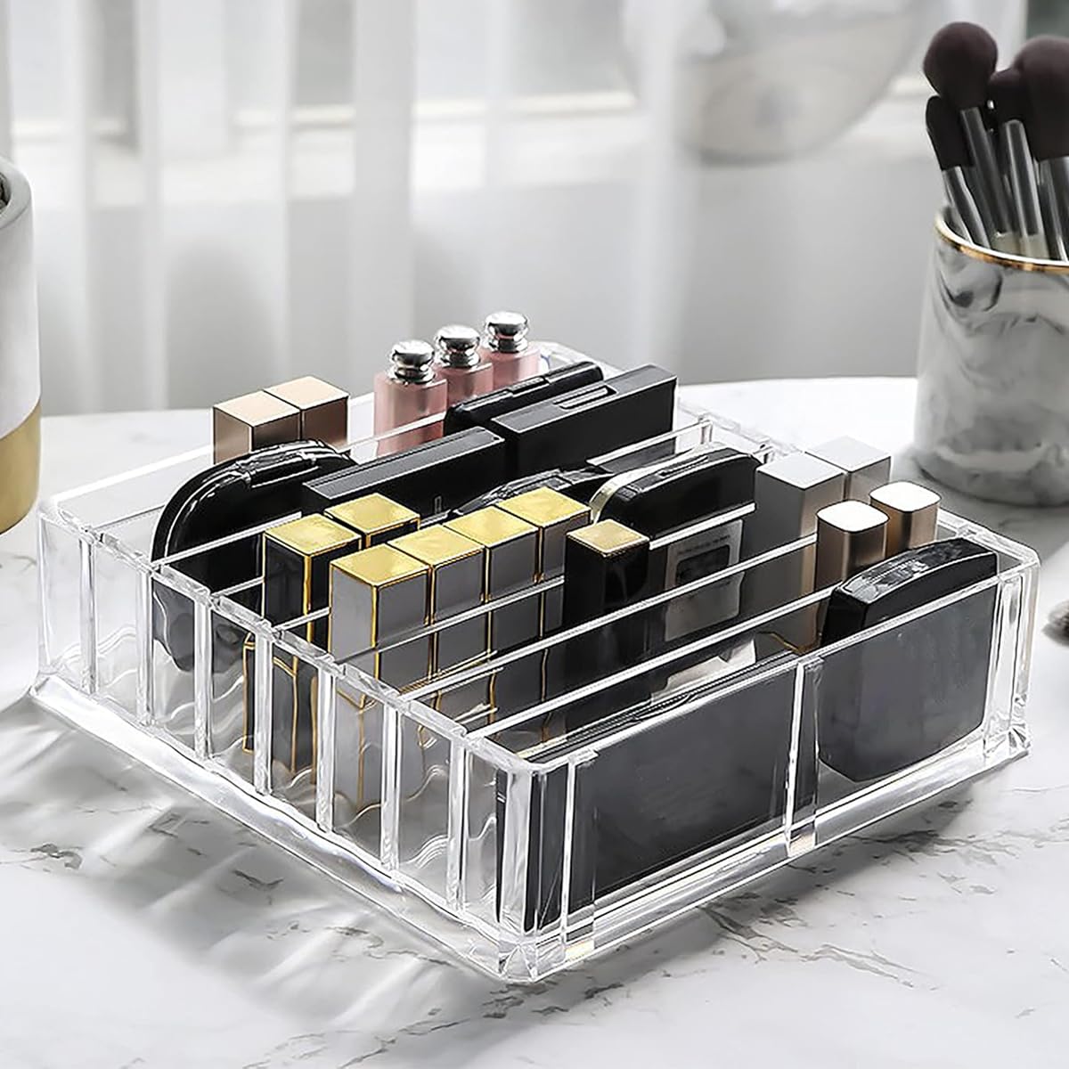 MAYCREATE Makeup Organizer for Vanity with 8 Section Dividers and Clear Acrylic Design | 23.5 x 24.5 x 7 cm Countertop Storage