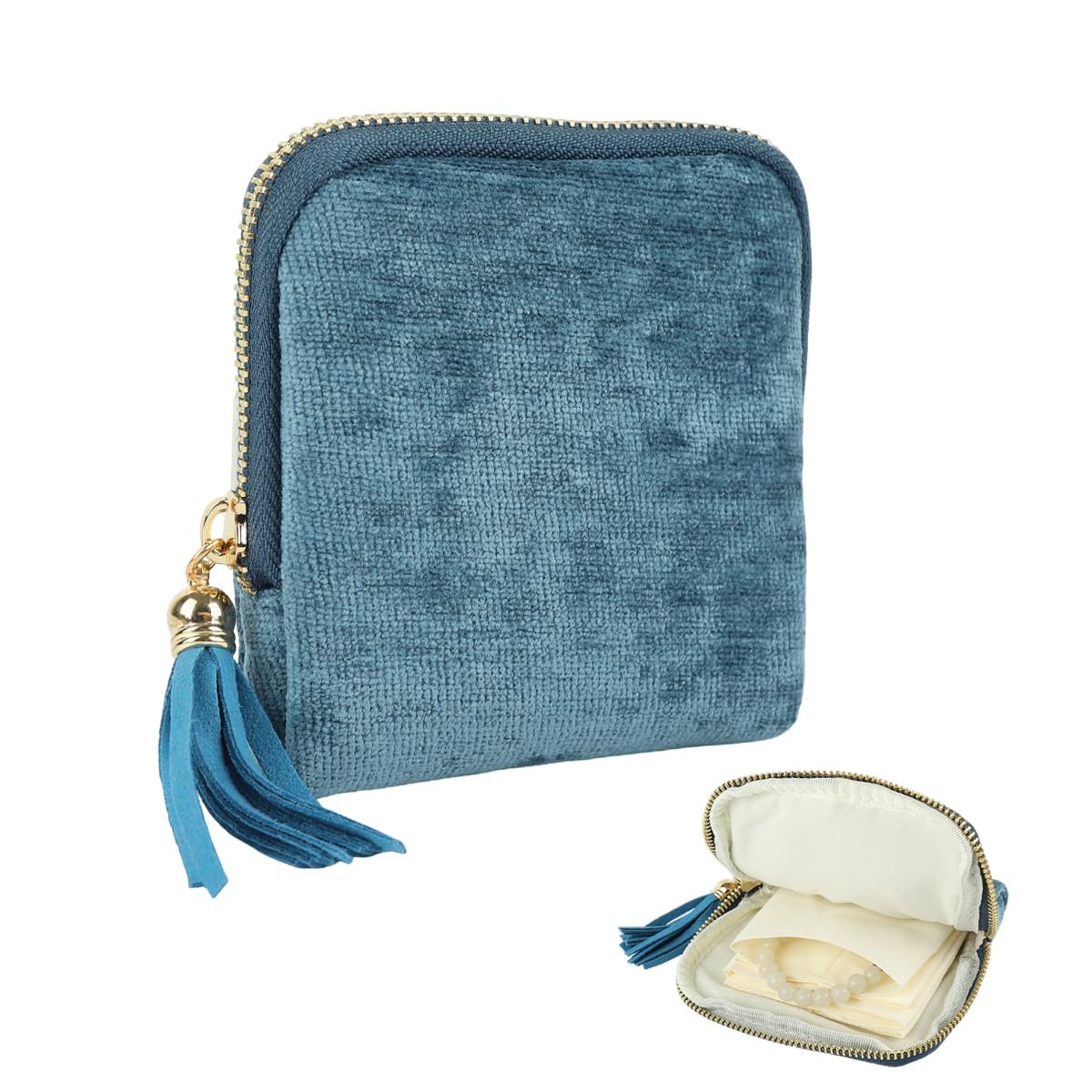 MAYCREATE Jewelry Storage Pouch for Rings Earrings and Necklaces 13x11.5cm with Tassel Zipper | Soft Blue Organizer for Travel