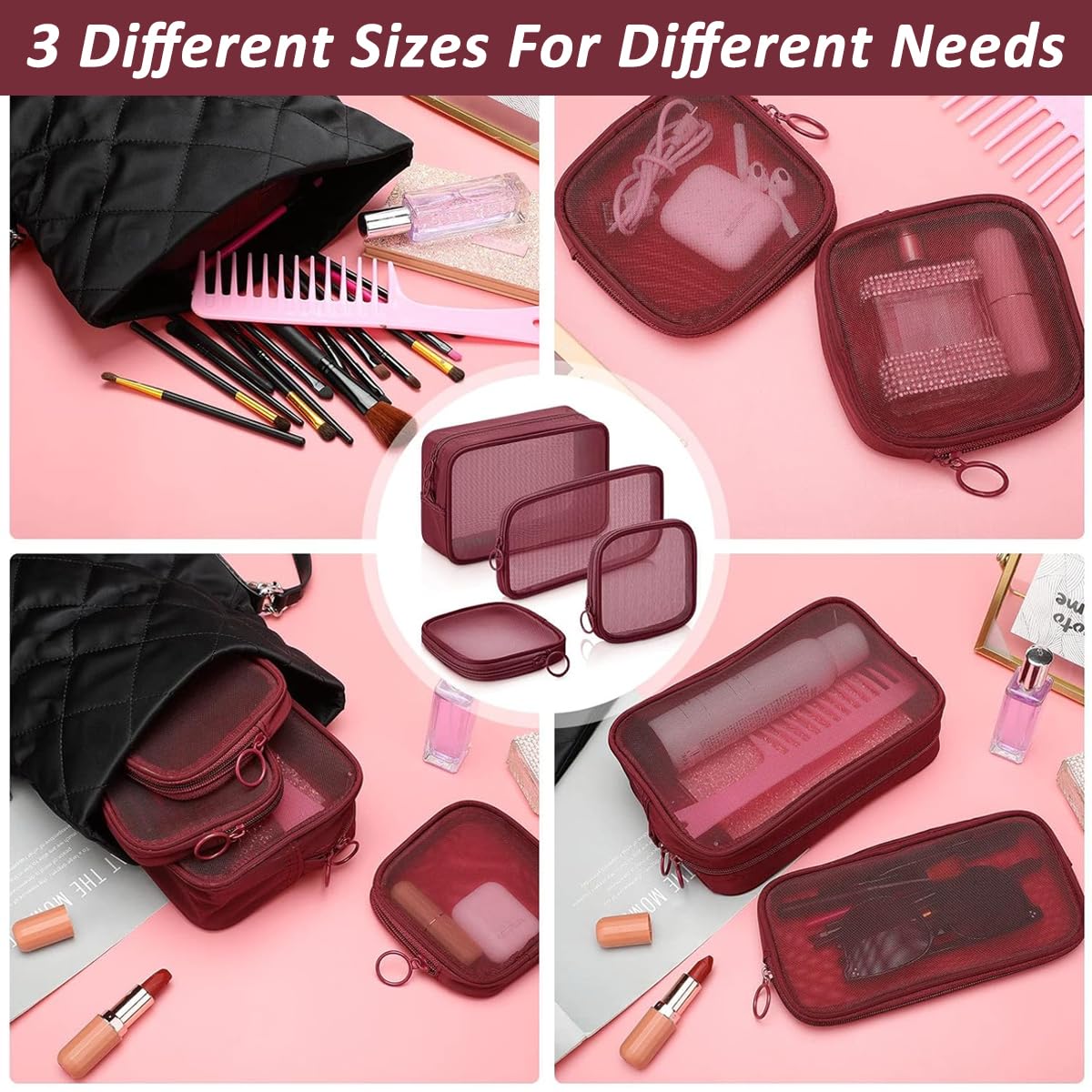 MAYCREATE Mesh Zipper Pouches for Makeup and Travel with Secure Closure | 4 Sizes Nylon Organizer Set