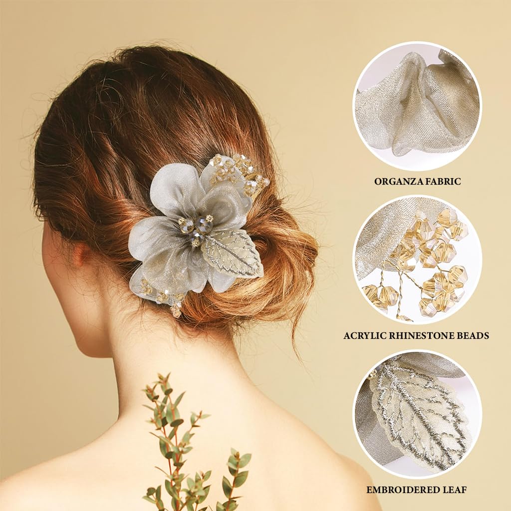 MAYCREATE Scrunchie Hair Bands for Women with Beaded Organza Flowers | 2PCS Black and Golden Rose Set