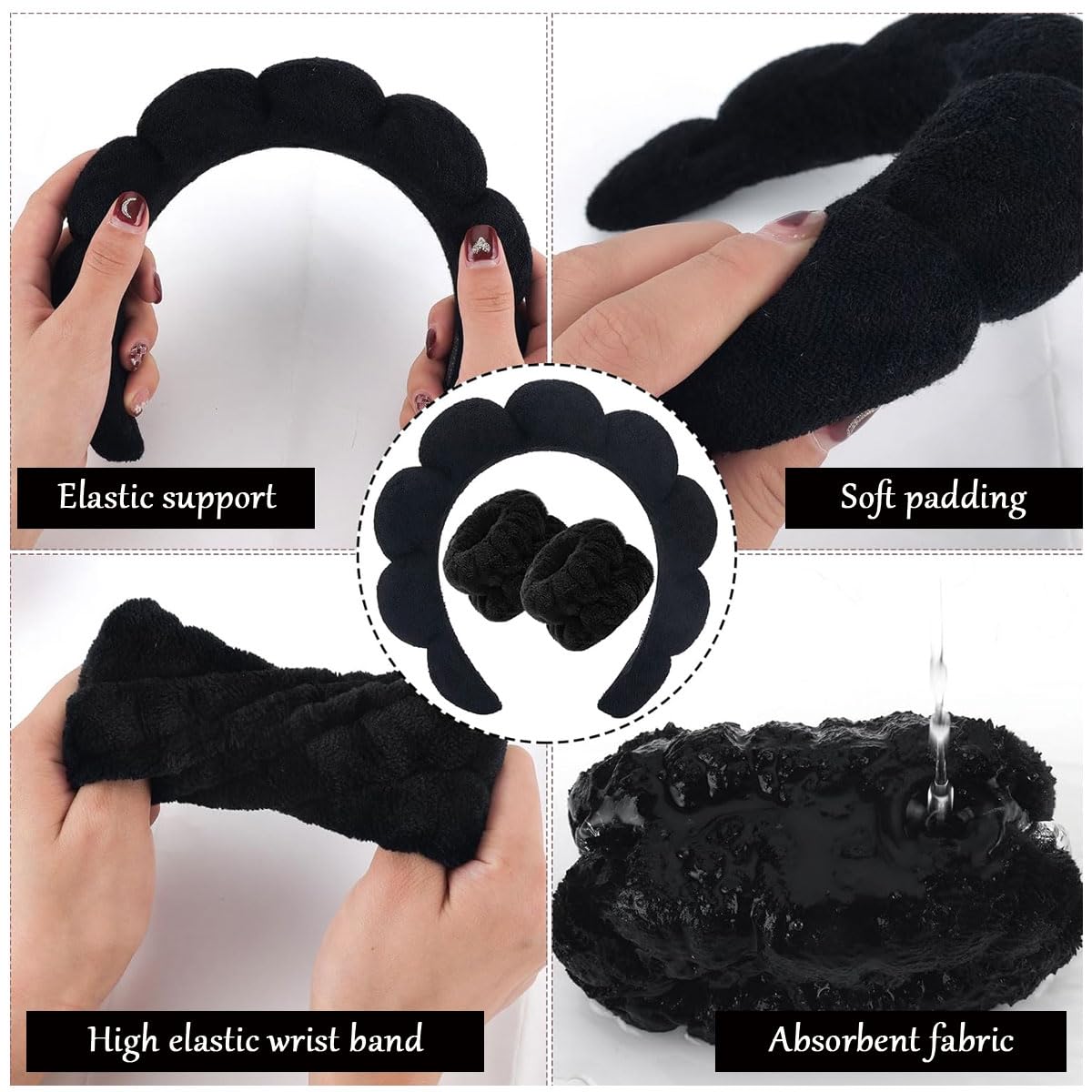 MAYCREATE Facial Headband Set for Skincare and Face Wash 7Pcs with Flannel Bands | Black