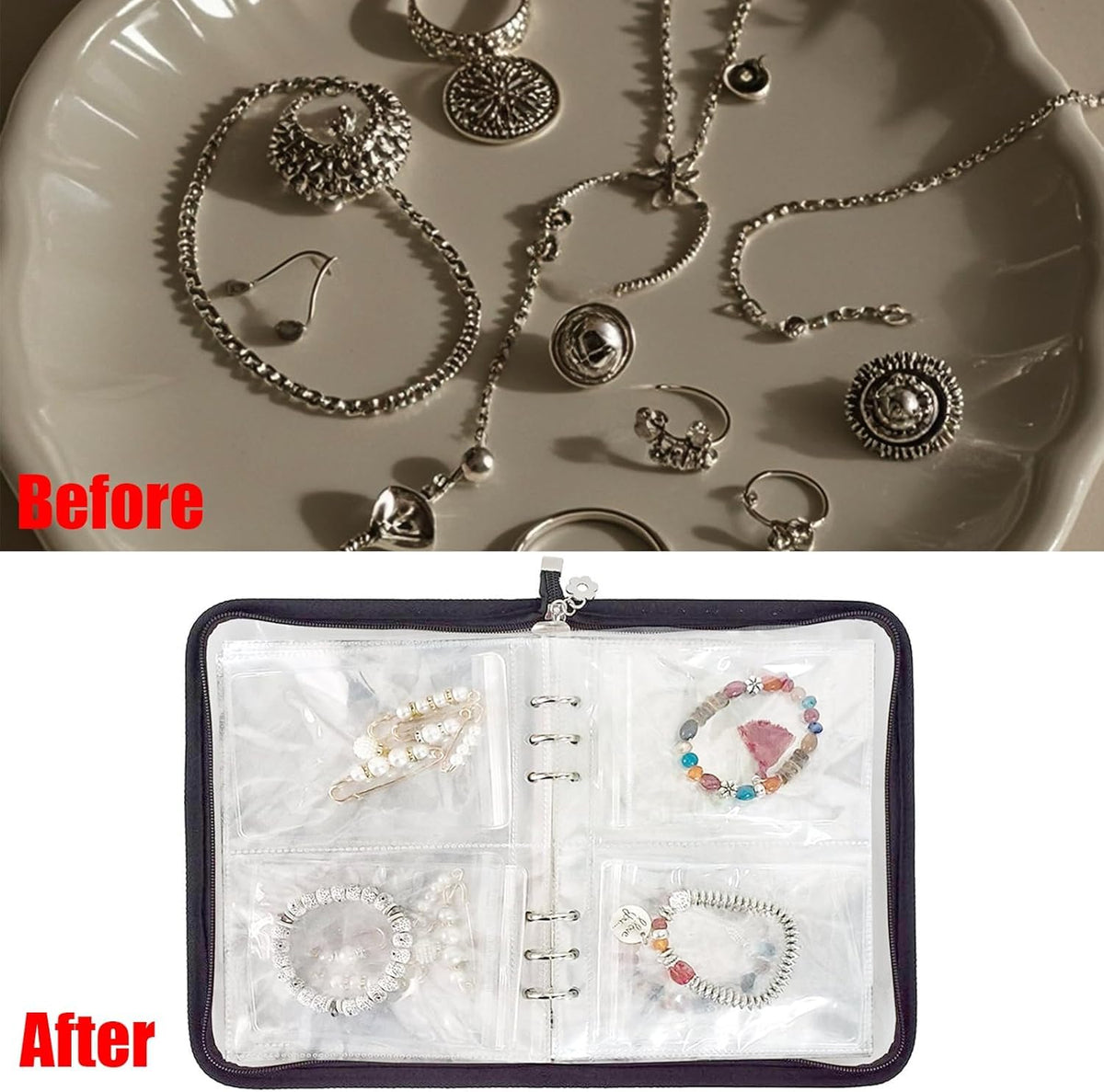 MAYCREATE Jewelry Organizer for Travel with 60 PVC Pouches and Zipper Binder | Transparent Storage Book