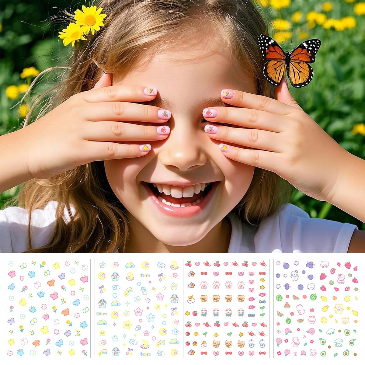 MAYCREATE® 4Pcs Nail Stickers 3D Cute Nail Decals Embossed Nails Sticker for Kids Kawaii Theme Butterfly, Flowers, Stars, Fruits, Bunny, Bears