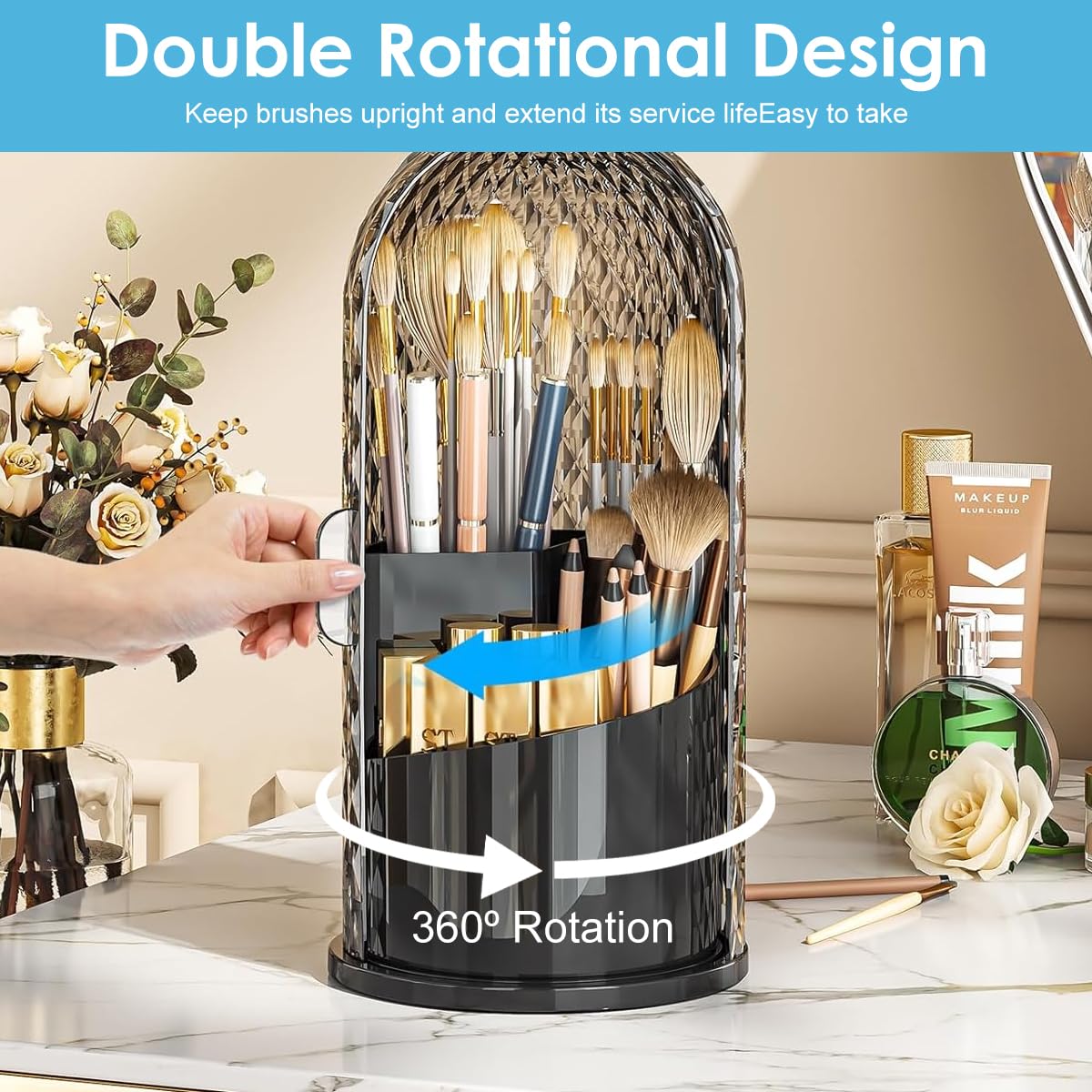 MAYCREATE Makeup Brush Holder Organizer for Vanity with 4 Compartments and 360° Rotating Lid | White 11×23cm Dustproof Storage Case