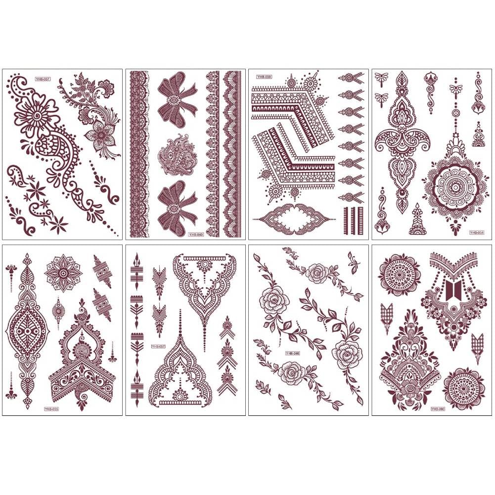 MAYCREATE Henna Temporary Tattoo Stickers for Women featuring 8 Sheets Waterproof Brown Designs | Safe Non Toxic Body Art for Festivals and Parties