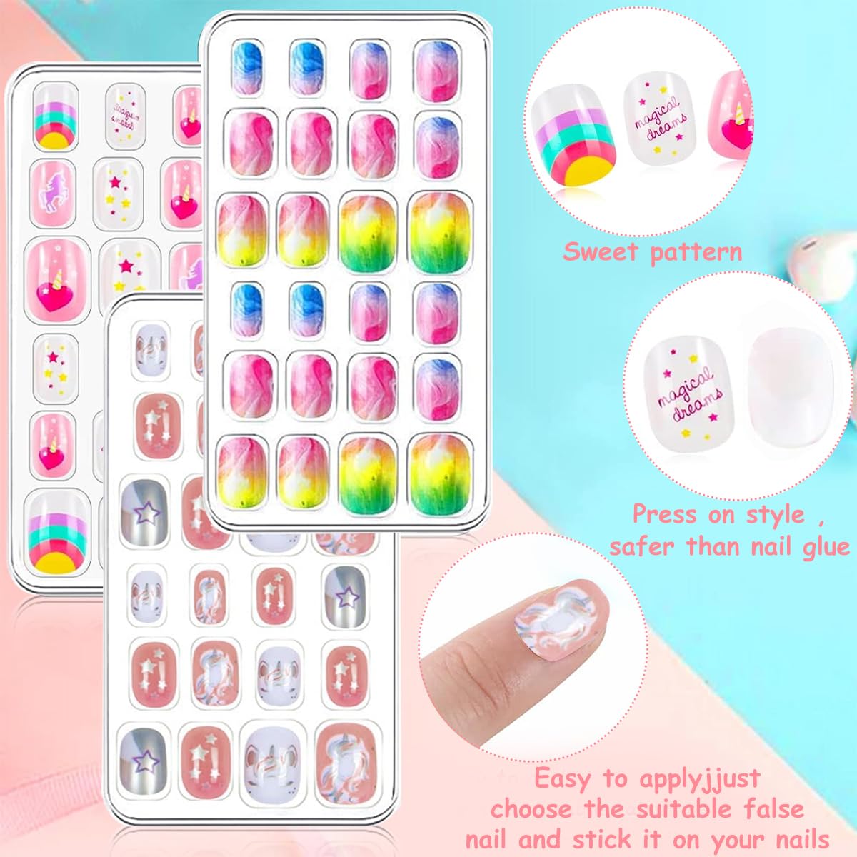 MAYCREATE® 5 Pack Children Acrylic Fake Nails Press on Pre-glue Full Cover Glitter Gradient Color Rainbow Short False Nail Art Kits Set for Kids