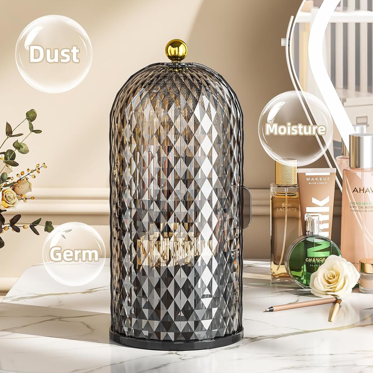 MAYCREATE Makeup Brush Holder Organizer for Vanity with 4 Compartments and 360° Rotating Lid | White 11×23cm Dustproof Storage Case