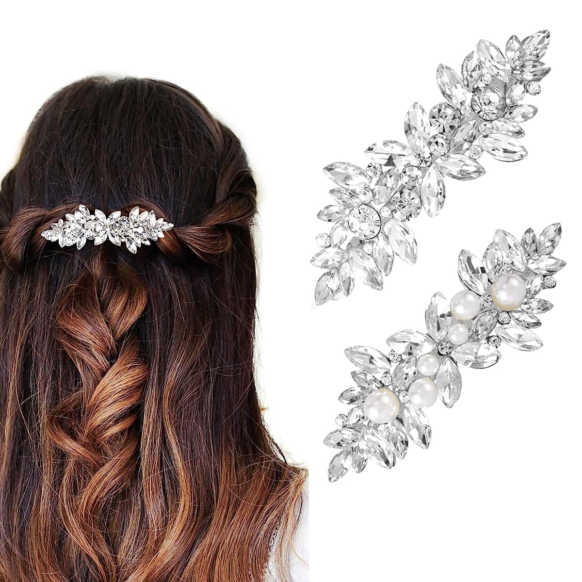 MAYCREATE® 2pcs Rhinestone Hair Clips for Women Stylish Pearl Crystal Hair Pins, Silver Bridal Bun Hair Accessories for Daily, Party, Wedding