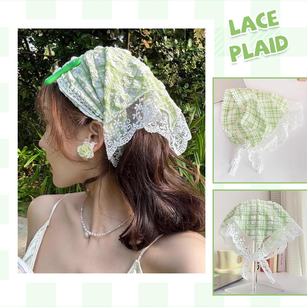 MAYCREATE Head Scarf for Women featuring Lace Checked Design and Countryside Style | 2Pcs Set