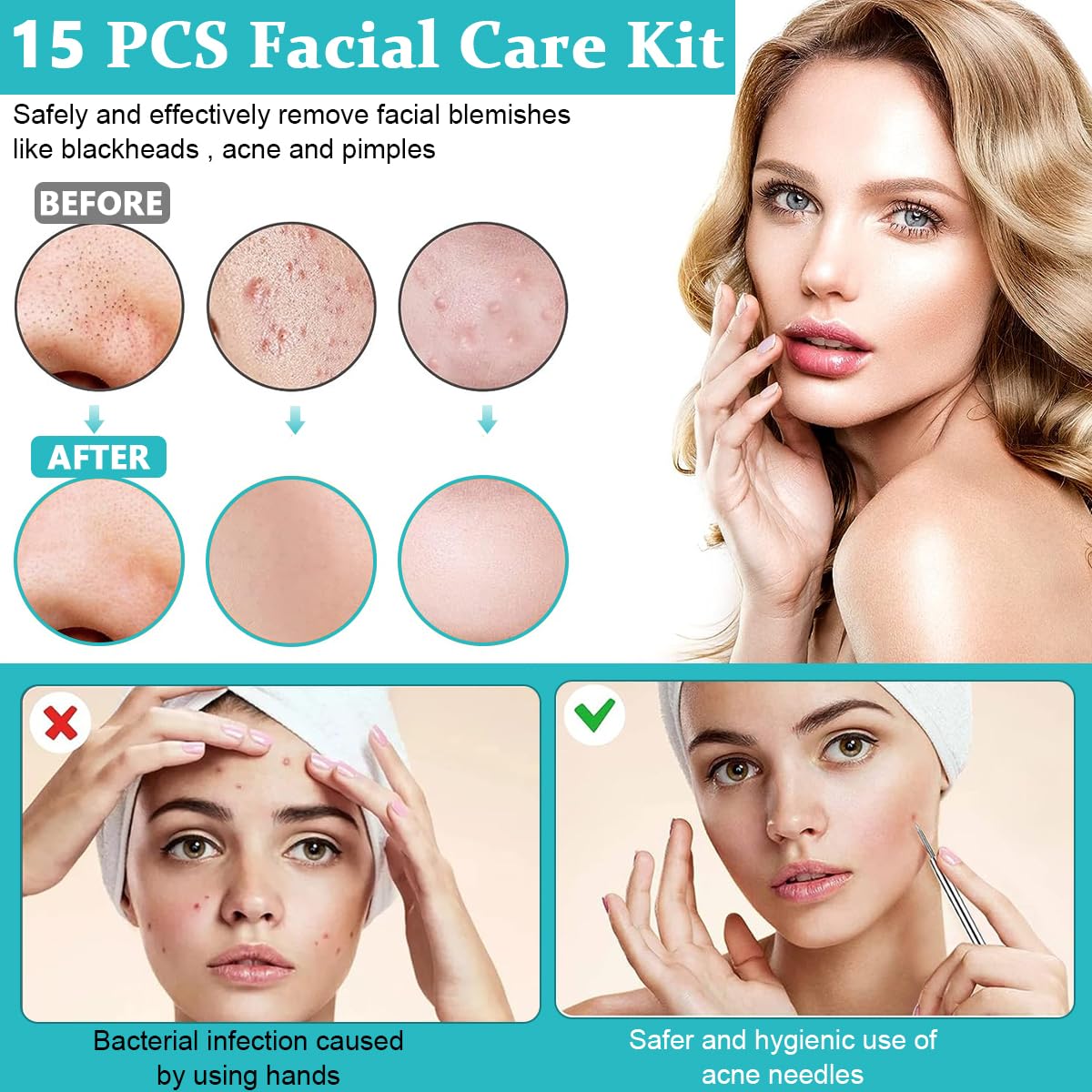 MAYCREATE Blackhead Remover Tool Kit 15pcs for Pore Cleaning with Dual Head Design and Stainless Steel Box