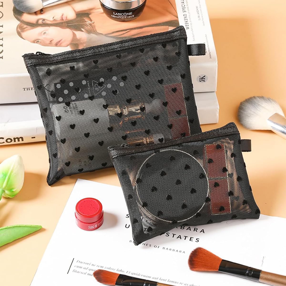 MAYCREATE Cosmetic Bags 3pcs Mesh Makeup Pouches with Zipper for Travel | Heart Print Design