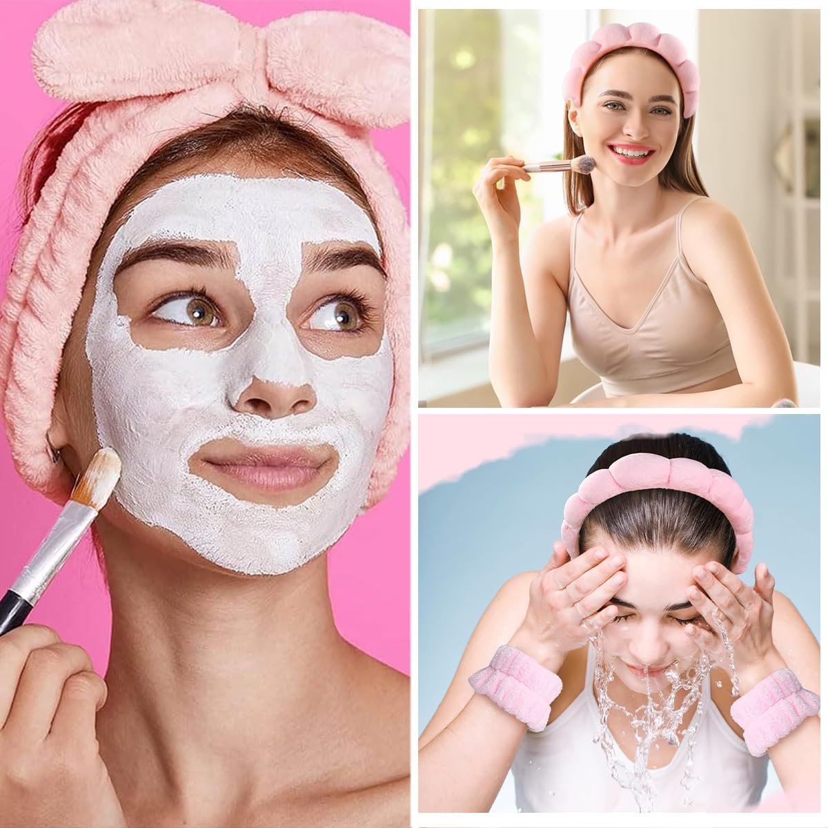 MAYCREATE Face Wash Headband Set for Skincare with Flannel Wristbands and Sunflower Edge | Pink 4Pcs Combo for Women