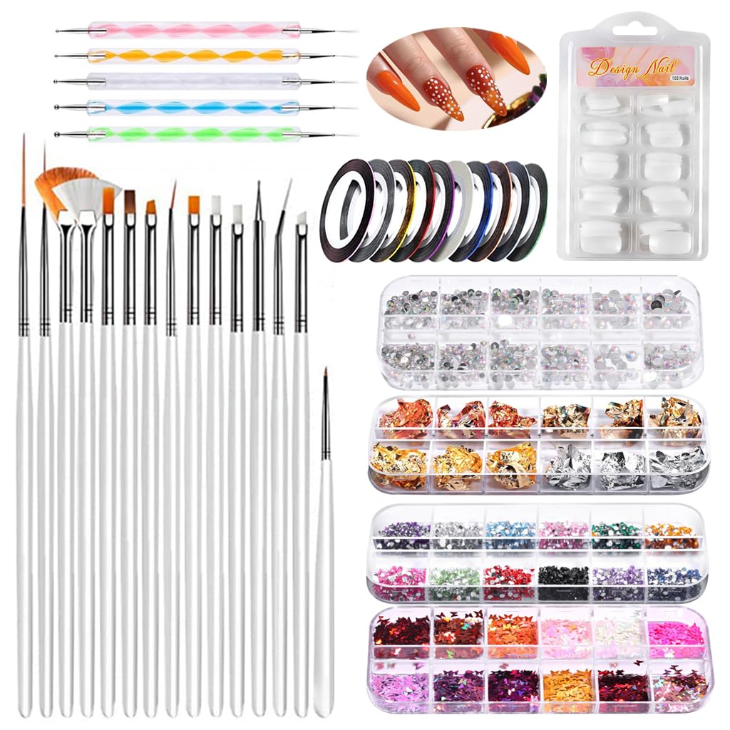 MAYCREATE® Nail Art Supplies Tool Kit with 20Pcs Nail Art Fine Detail Brushes 10-Color Striping Tapes Pack of 100Pcs Fake Nail Extensions Metallic Foils Glitters Dotting Tools DIY Nail Art Supplies