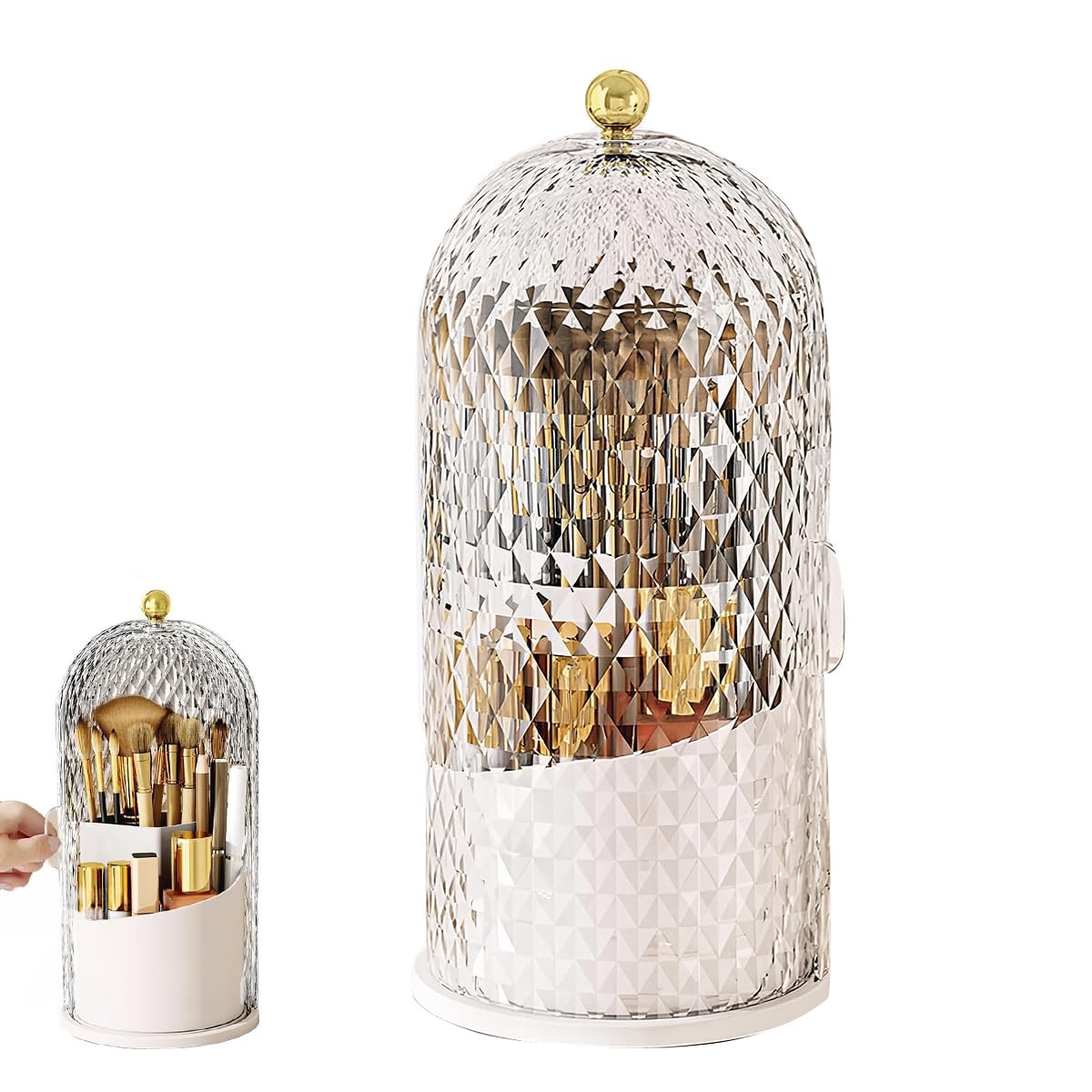 MAYCREATE Makeup Brush Holder for Vanity with 360 Rotating Base and 3 Compartments | White