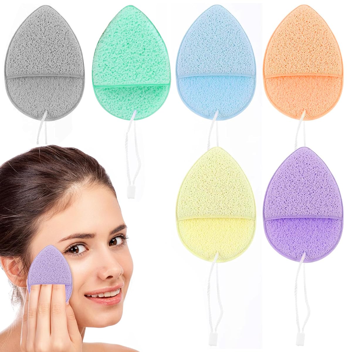 MAYCREATE Facial Sponge for Deep Cleansing and Makeup Removal featuring Finger Sleeve Grip | 6pcs Reusable Plant-Based Pads 7x9.7cm