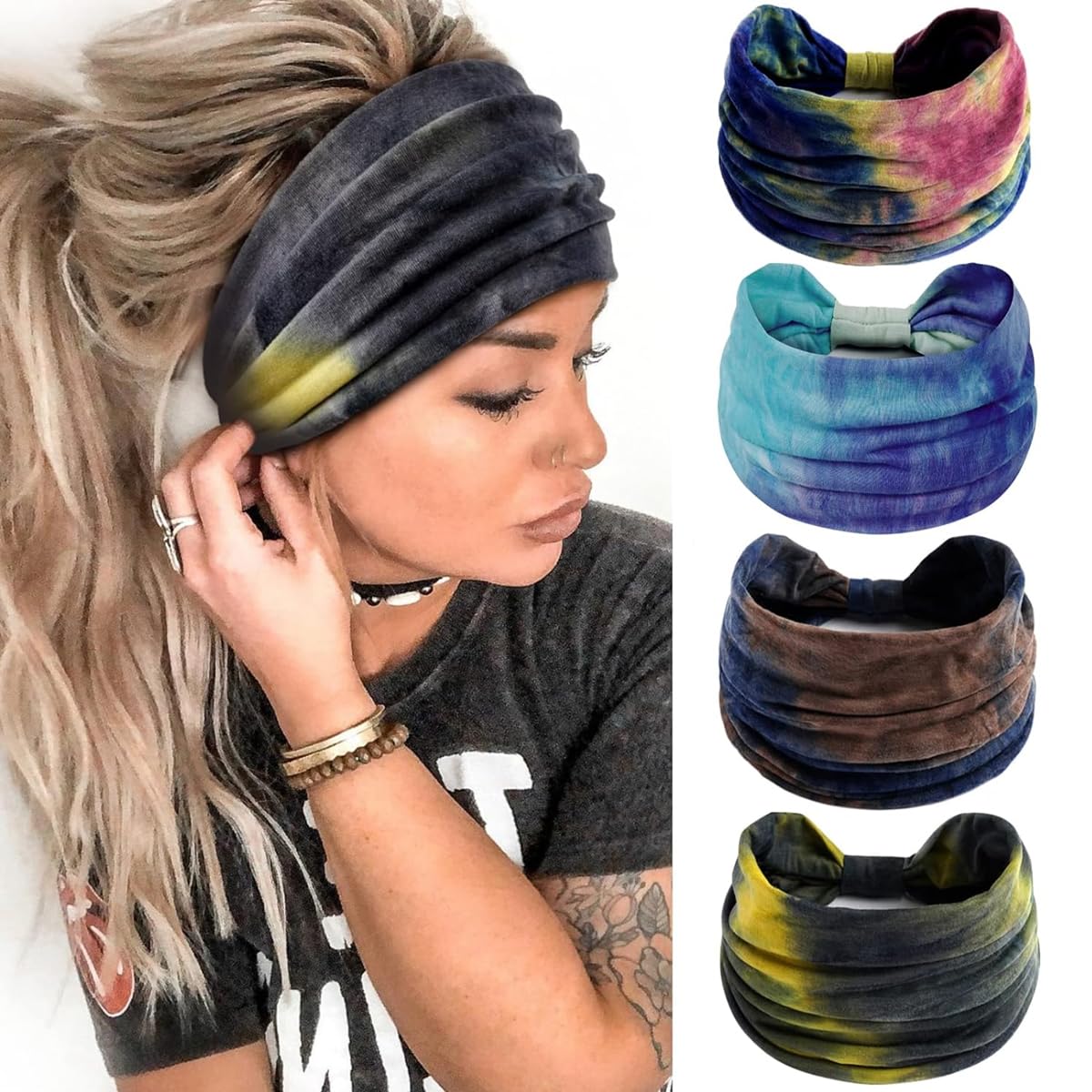 MAYCREATE Wide Headband for Women with 18cm Knotted Design and Tie Dye Print | 4 Pack