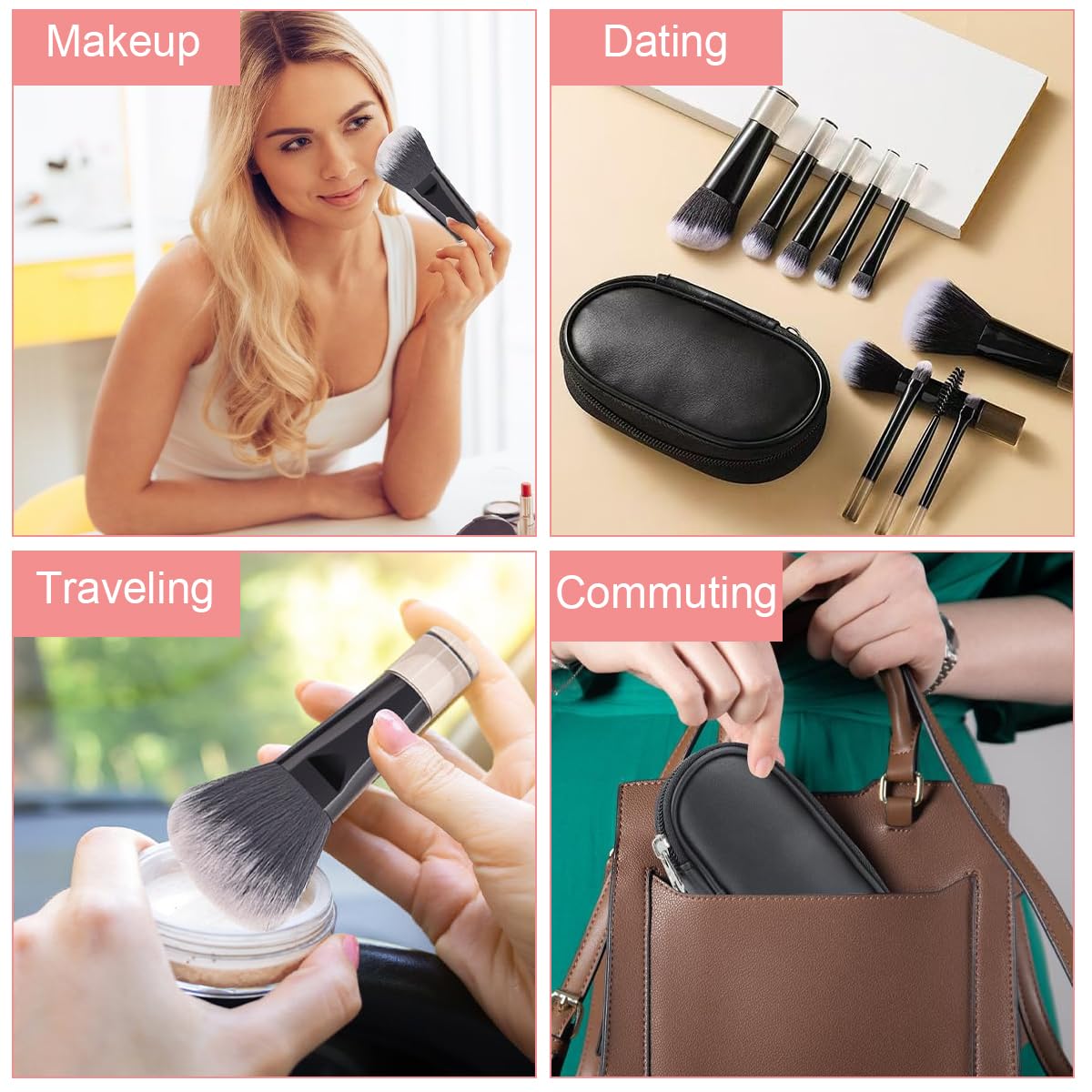 MAYCREATE Makeup Brush Set for Travel with 10Pcs Short-Handle Brushes & Zipper Pouch