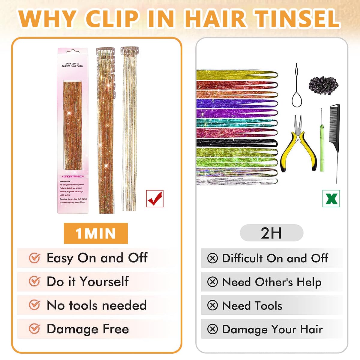 MAYCREATE Hair Tinsel Extensions for Parties and Festivals with Clip-On Design 6pcs 20inch Silver