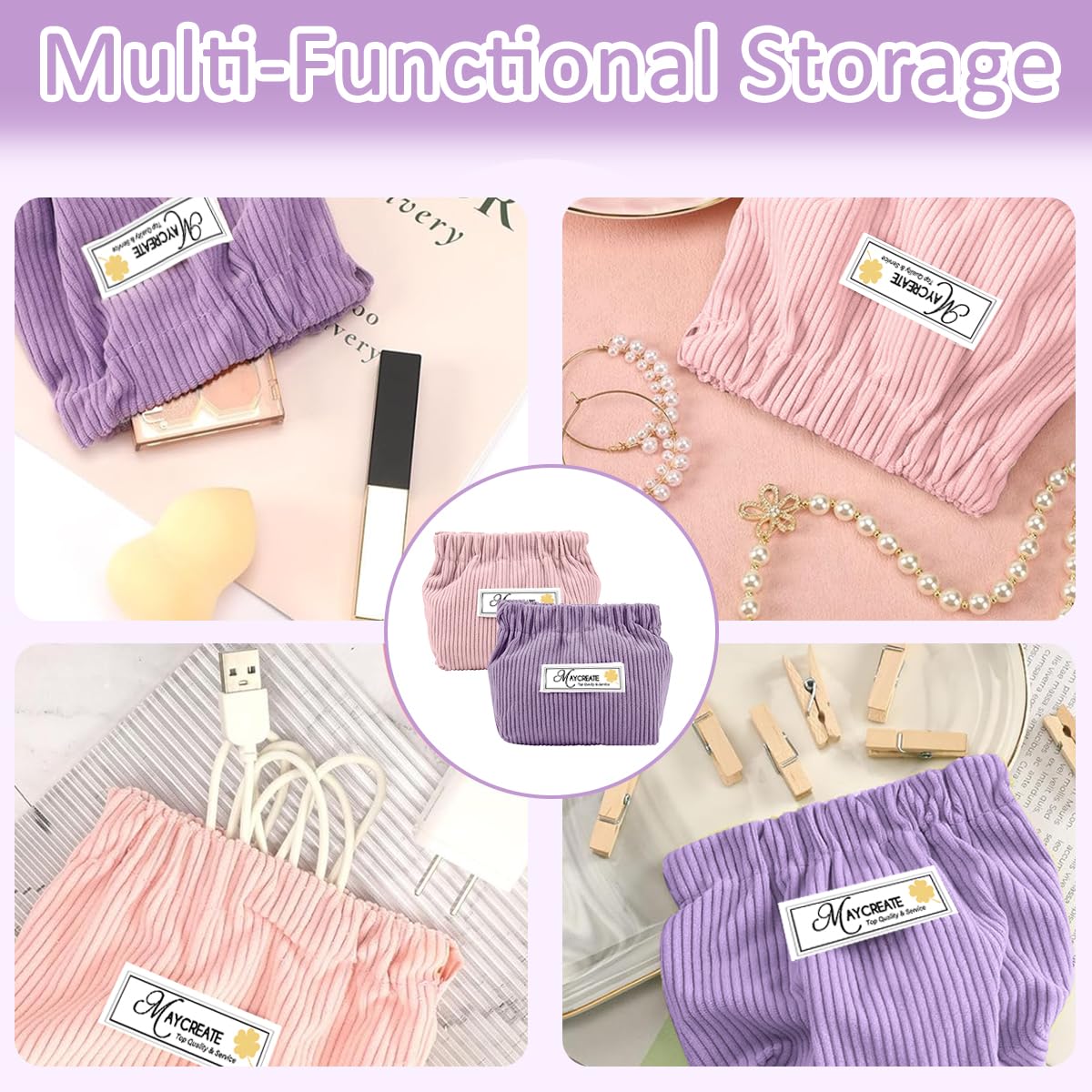 MAYCREATE Small Makeup Pouch Set for Travel and Daily Use featuring Self Closing Design | 2pcs 14x12cm Corduroy Bags in Pink and Purple