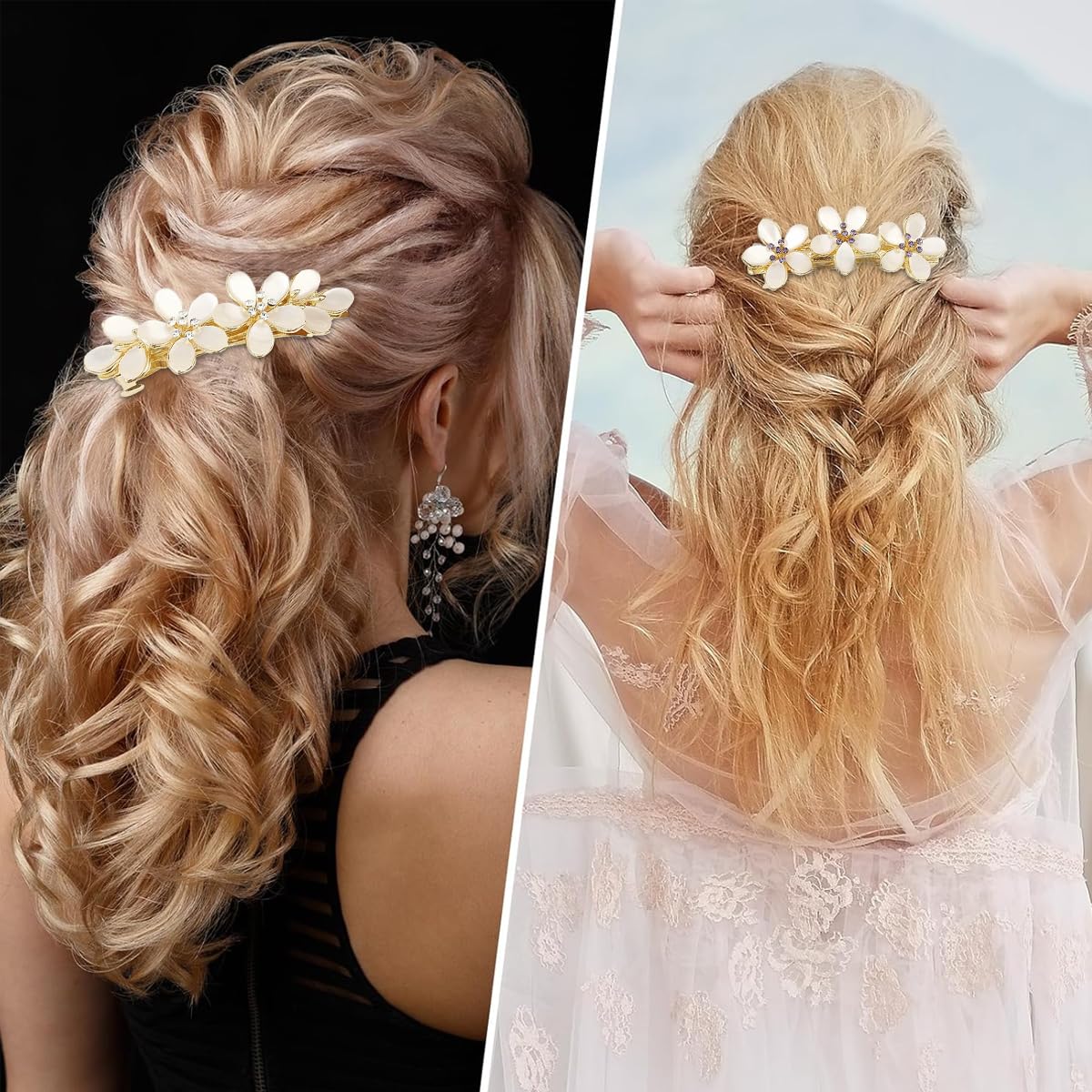MAYCREATE Floral Hair Clips Set for Women with Opal Embellishment and Metal Barrettes | 3Pcs
