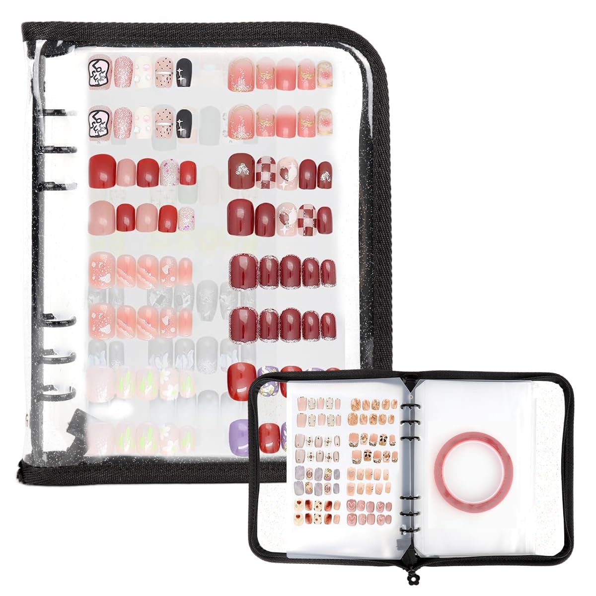 MAYCREATE® Press on Nail Organizer Binder Book, A5-Sized Insert Pages & Double Sized Tape, Press on Nails Display Storage Book, Reusable Fake Nail Swatch Collecting Book, Black