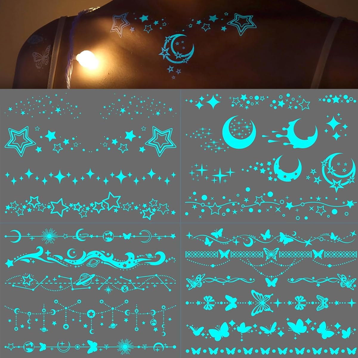 MAYCREATE Temporary Tattoos for Women with 4 Sheets Glow in the Dark Designs | Waterproof Party Stickers