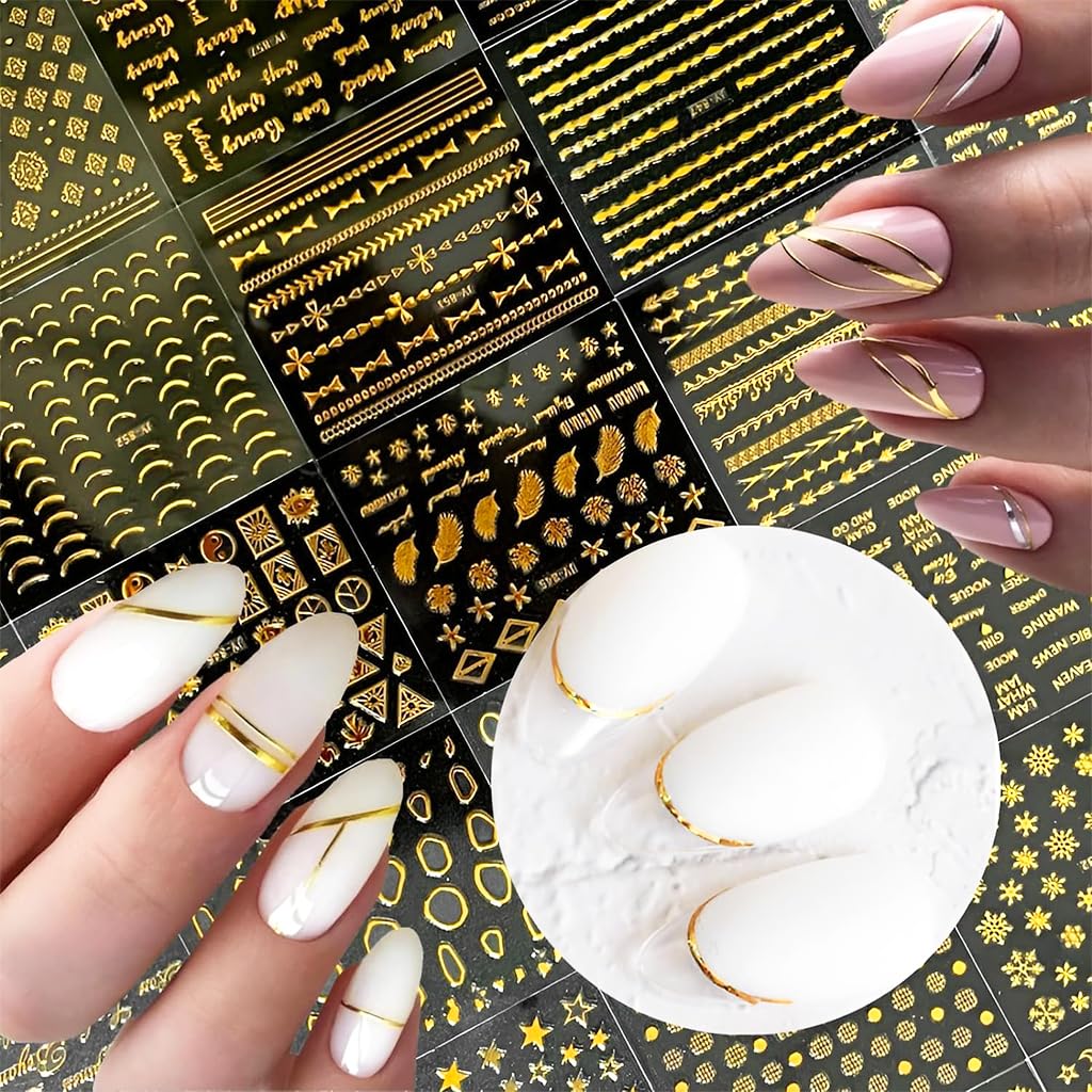 MAYCREATE Nail Stickers for French Manicure with 30 Sheet 3D Self Adhesive Gold Line Designs | Acrylic Nail Art Decals for Women