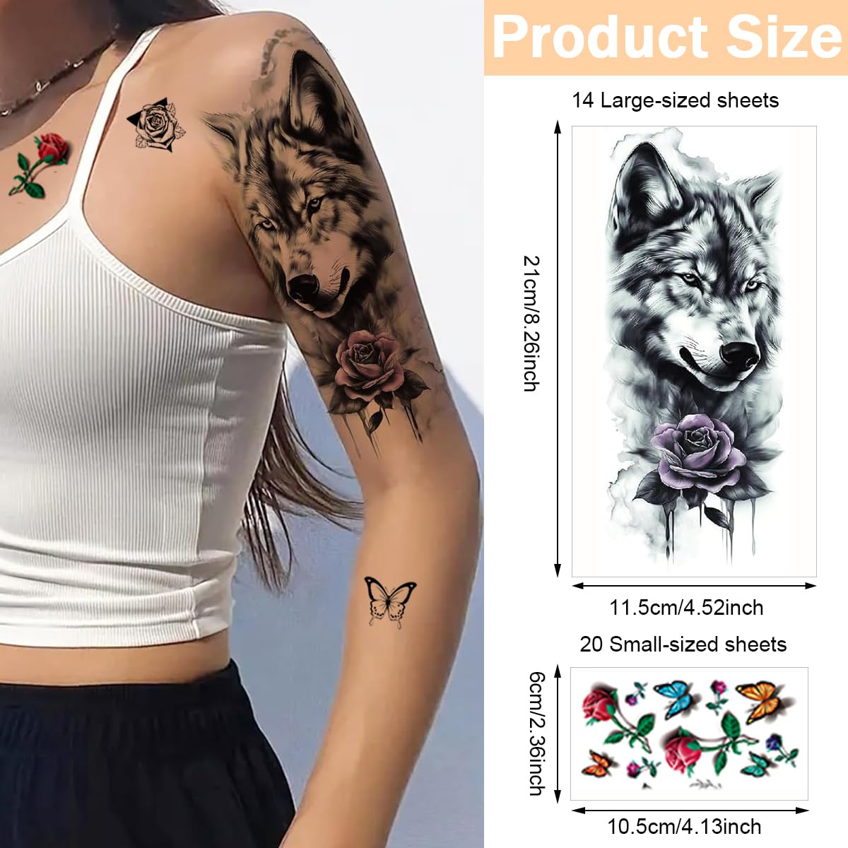 MAYCREATE® Temporary Tattoo for Men Women 34 Sheets Large Arm Band Tattoo Sticker, 3D Realistic Armband Tattoo, Body Half Sleeve Hand Tattoo for Women, Assorted Lion Wolf Tiger Skull Fake Tattoos