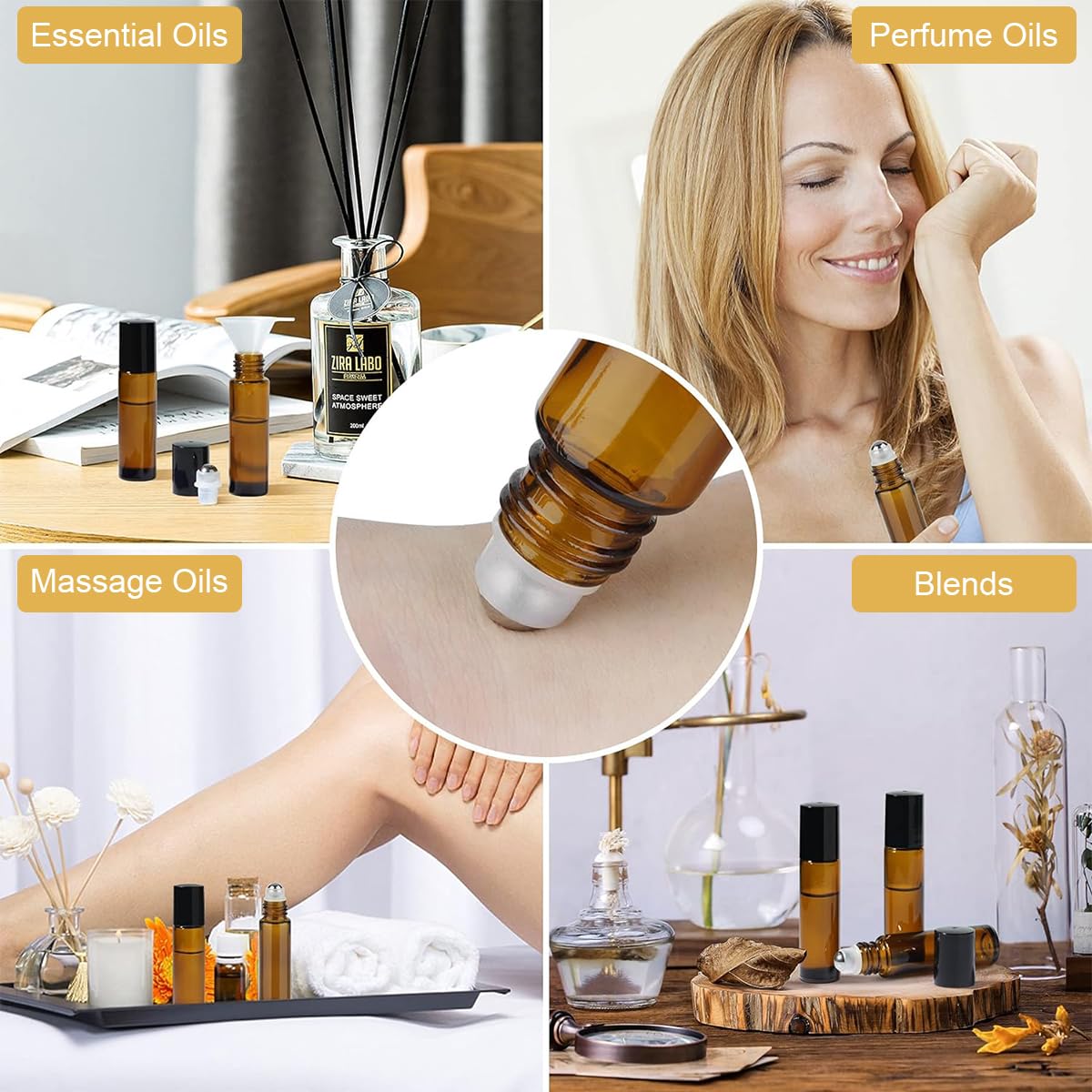 MAYCREATE Glass Roller Bottles for Essential Oils 15 pcs 10 ml featuring Stainless Steel Roller Bead and Amber Glass | Includes Funnel & Cap Opener